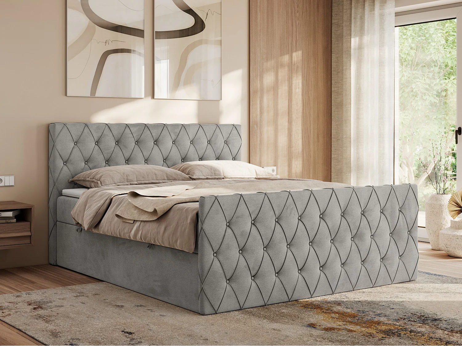 Boxspringbett MIREN DUO - mit gestepptem Kopfteil und Front, Multipocket-Matratze, zwei Bettkästen - 140x200 cm - H3 - Hellgrau Velvet