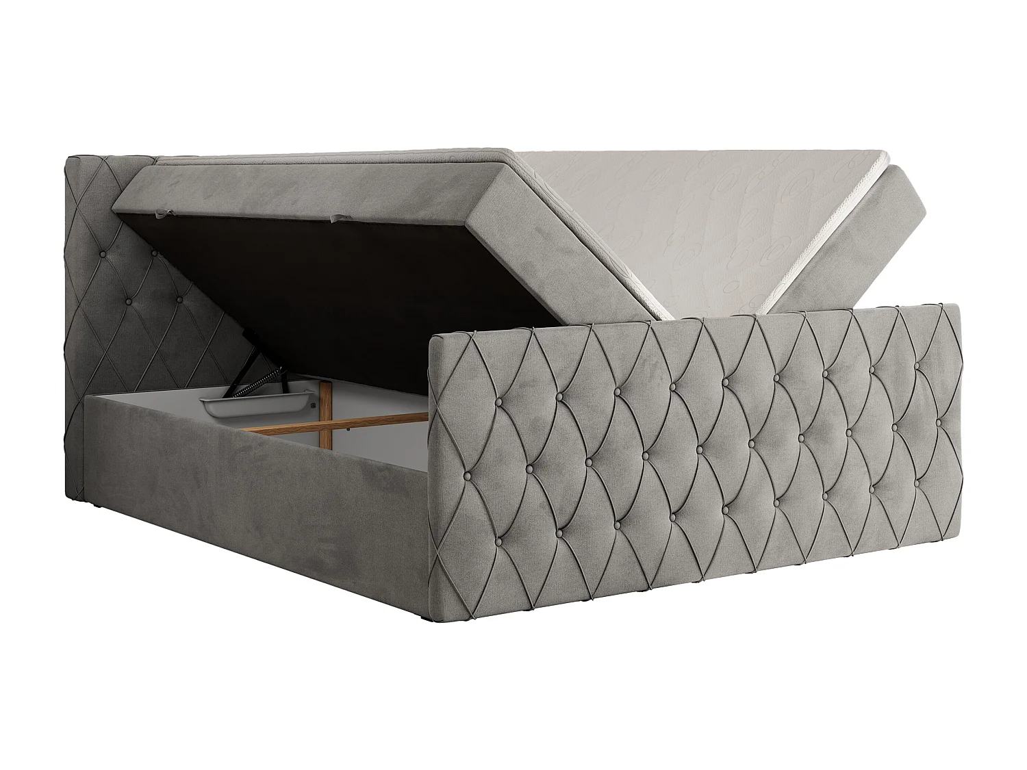 Boxspringbett MIREN DUO - mit gestepptem Kopfteil und Front, Multipocket-Matratze, zwei Bettkästen - 140x200 cm - H3 - Hellgrau Velvet