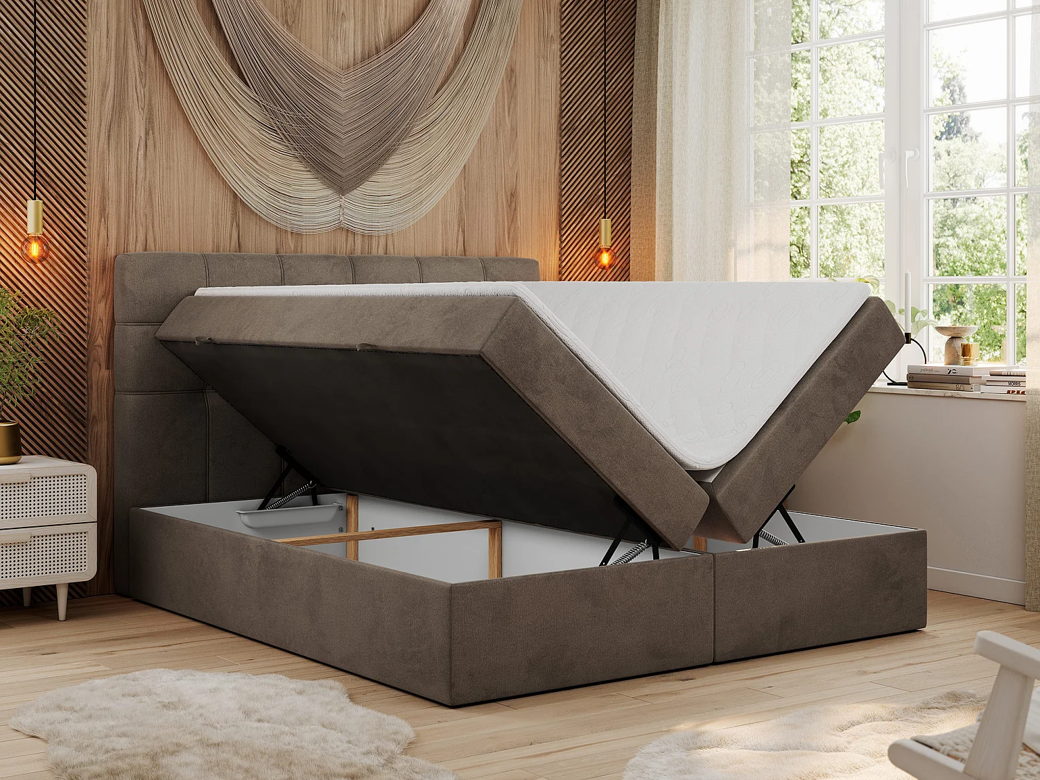 Boxspringbett ERNI - mit gestepptem Kopfteil, Polsterbett, Multipocket-Matratze und Topper, Bettkästen - 200x200 cm - H3 - Braun Velvet