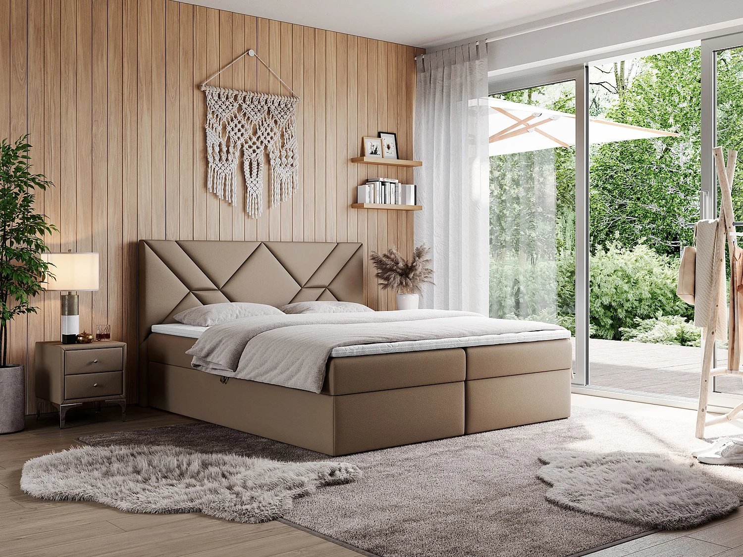 Boxspringbett NEOMI - dekorativem Kopfteil, Polsterbett mit Multipocket-Matratzen, zwei Bettkästen - 200x200 cm - H3 - Hellgrau Strukture