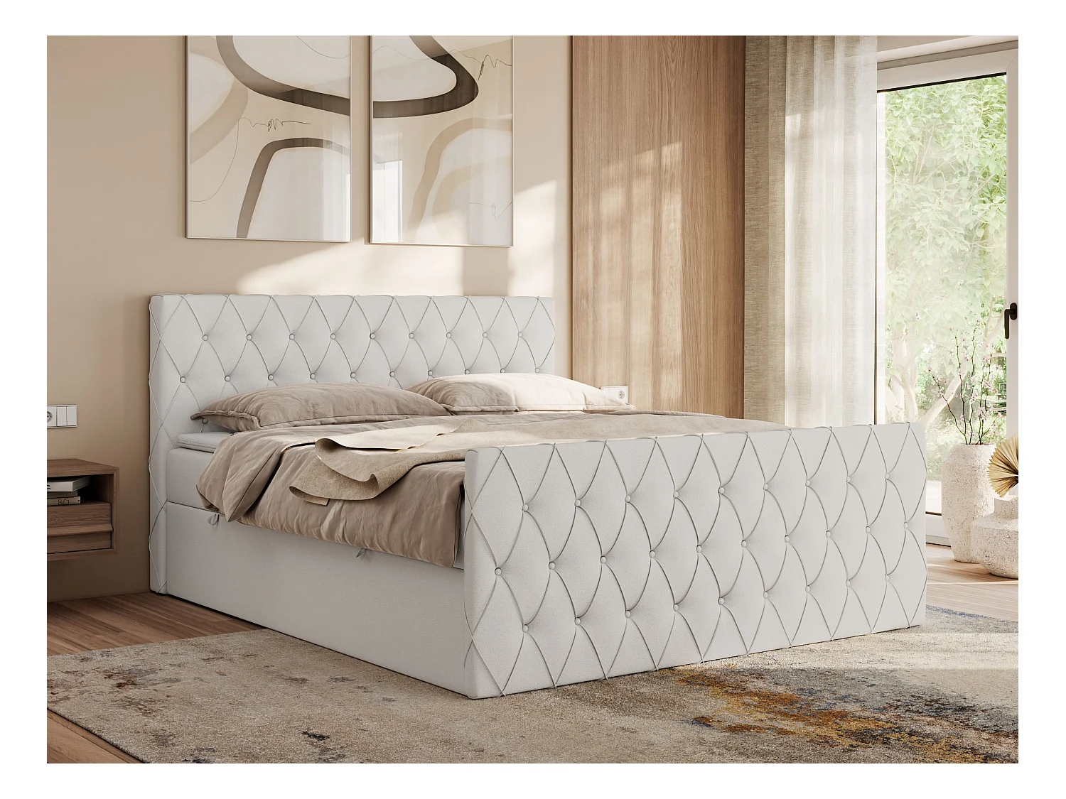 Boxspringbett MIREN DUO - mit gestepptem Kopfteil und Front, Multipocket-Matratze, zwei Bettkästen - 120x200 cm - H3 - Weiß Kunstleder