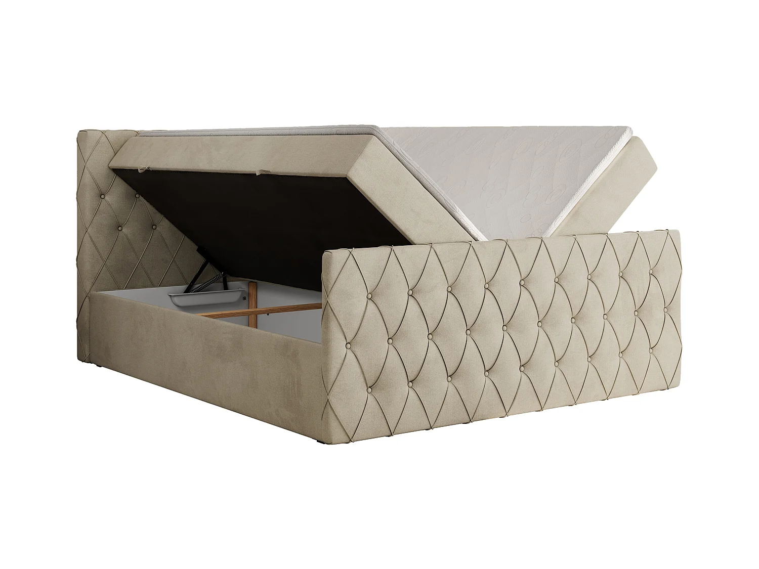 Boxspringbett MIREN DUO - mit gestepptem Kopfteil und Front, Multipocket-Matratze, zwei Bettkästen - 200x200 cm - H4 - Beige Velvet