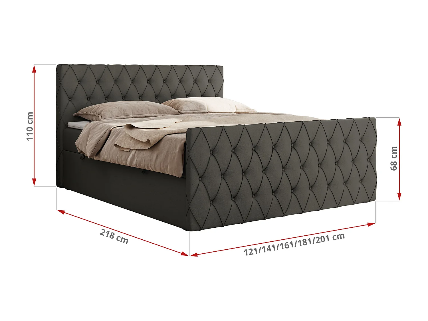 Boxspringbett MIREN DUO - mit gestepptem Kopfteil und Front, Multipocket-Matratze, zwei Bettkästen - 180x200 cm - H4 - Grau Kunstleder