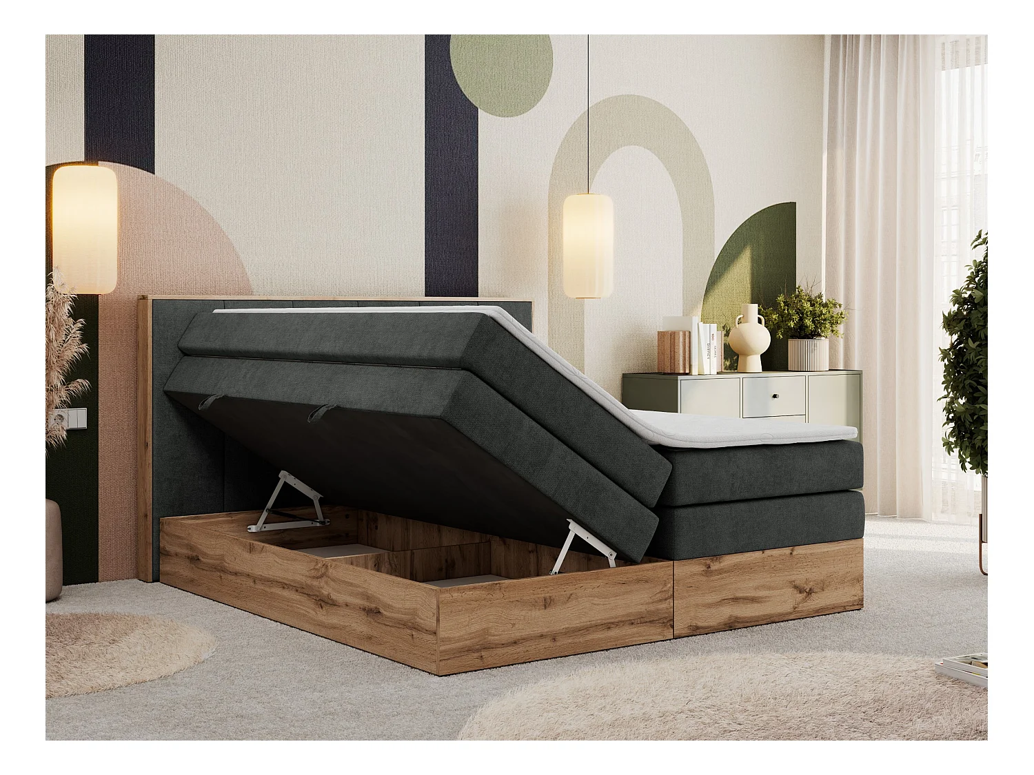 Boxspringbett ALBERO 1 KING - zwei 7 Härtezonen Multipocket-Matratzen, Doppelbett mit Stauraum, Eiche Wotan Holzrahmen - 120x200 cm - H4 - Dunkelgrau Strukture
