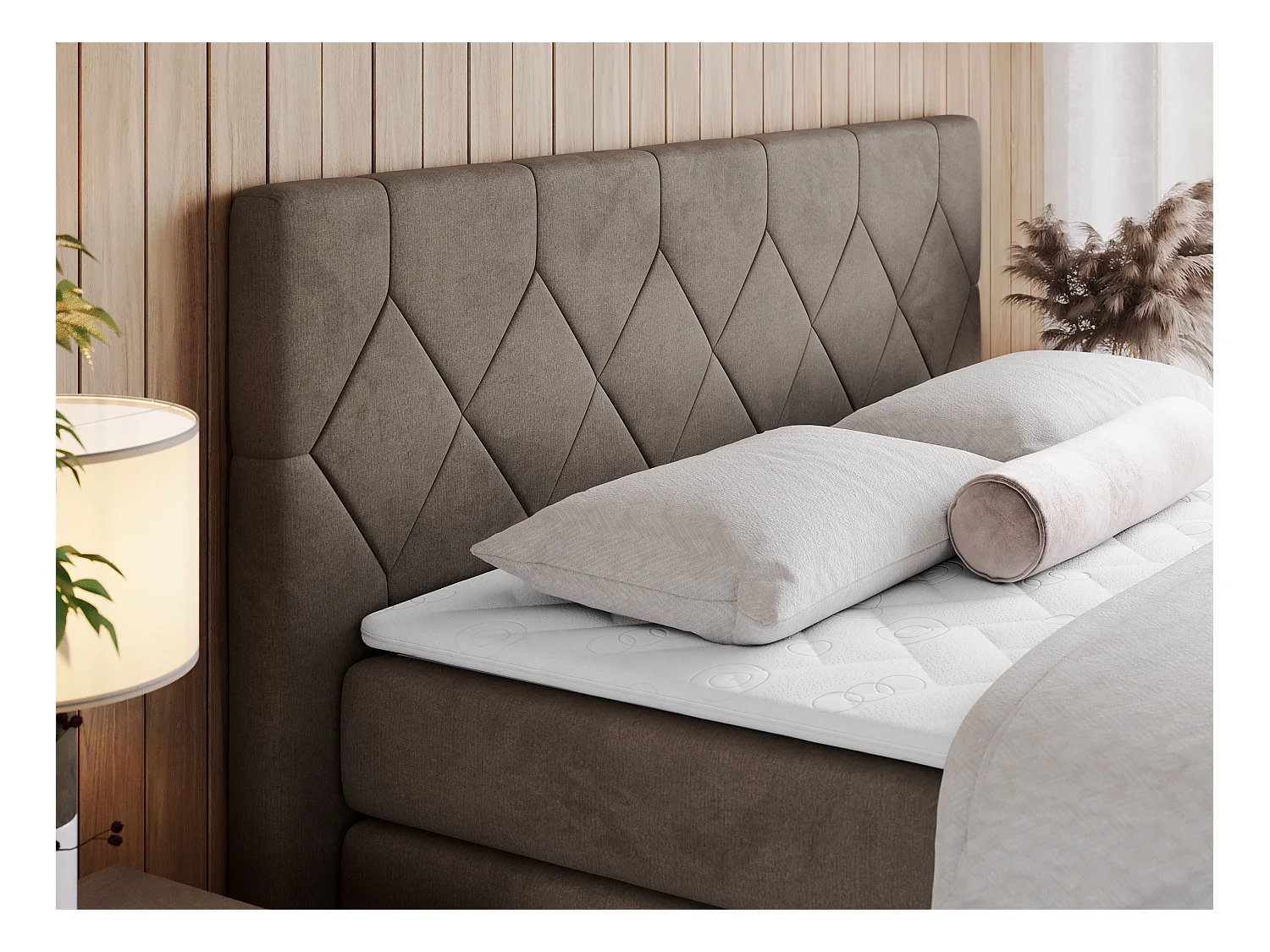 Boxspringbett EIGAR KING - Doppelbett mit genähtem Kopfteil, zwei Multipocket-Matratzen, Polsterbett für Schlafzimmer - 120x200 cm - H3 - Braun Velvet