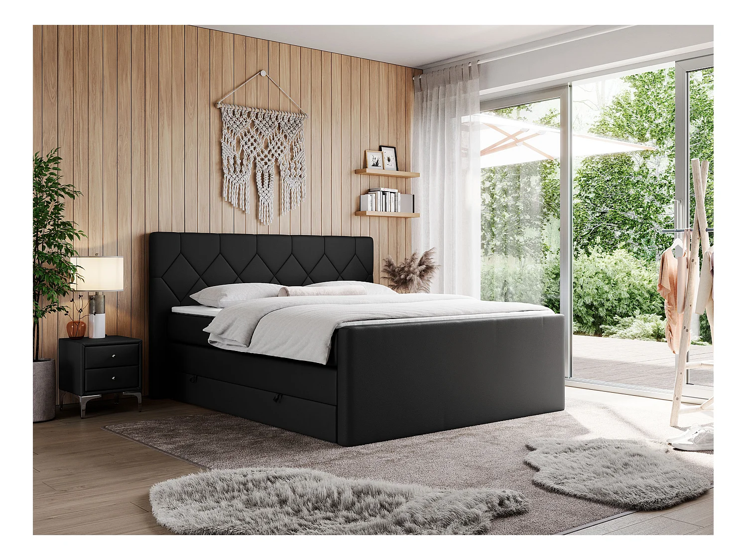 Boxspringbett EIGAR KING - Doppelbett mit genähtem Kopfteil, zwei Multipocket-Matratzen, Polsterbett für Schlafzimmer - 140x200 cm - H3 - Schwarz Kunstleder