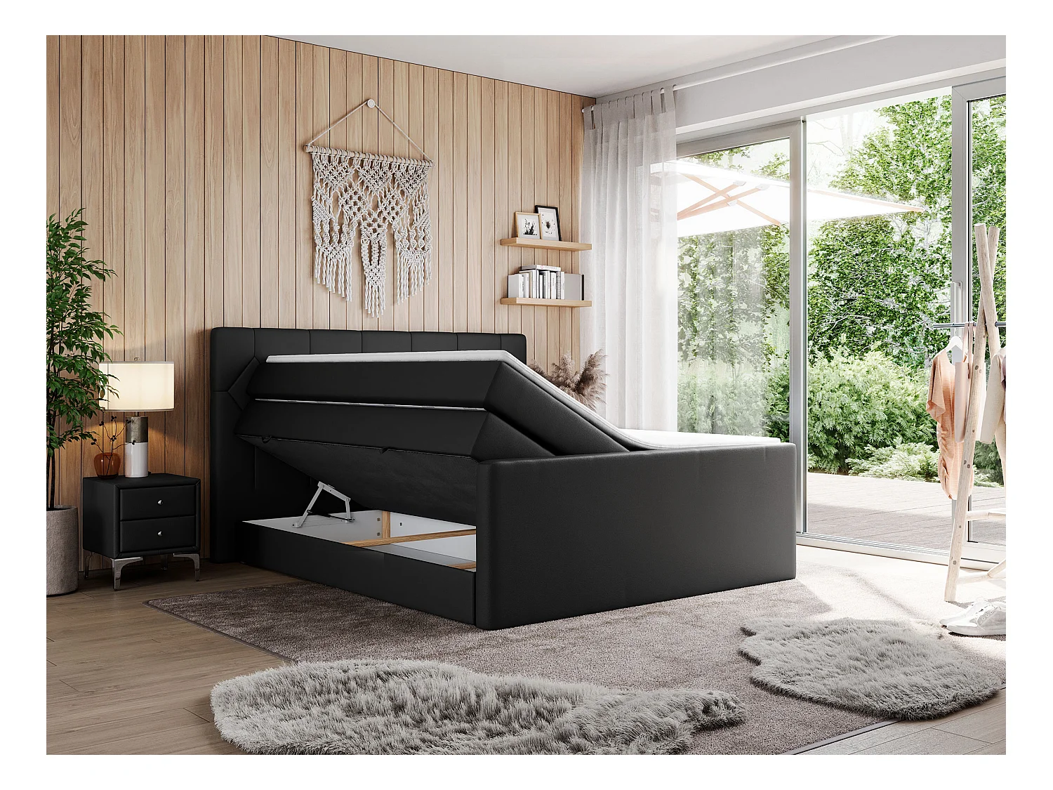Boxspringbett EIGAR KING - Doppelbett mit genähtem Kopfteil, zwei Multipocket-Matratzen, Polsterbett für Schlafzimmer - 140x200 cm - H3 - Schwarz Kunstleder