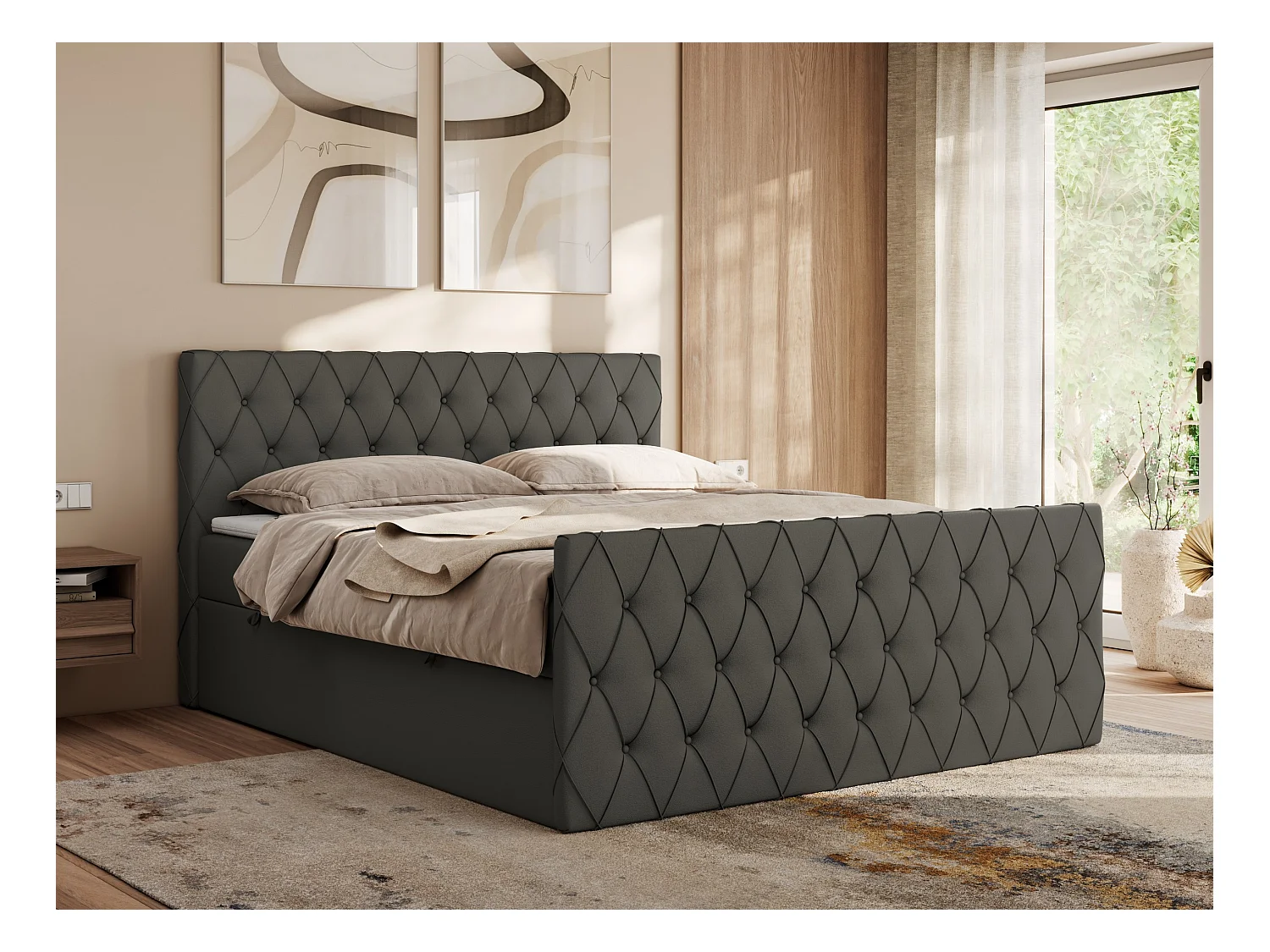 Boxspringbett MIREN DUO - mit gestepptem Kopfteil und Front, Multipocket-Matratze, zwei Bettkästen - 200x200 cm - H3 - Grau Kunstleder