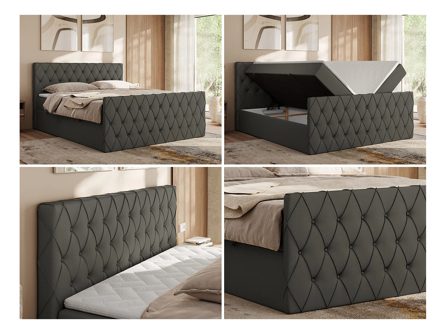Boxspringbett MIREN DUO - mit gestepptem Kopfteil und Front, Multipocket-Matratze, zwei Bettkästen - 200x200 cm - H3 - Grau Kunstleder