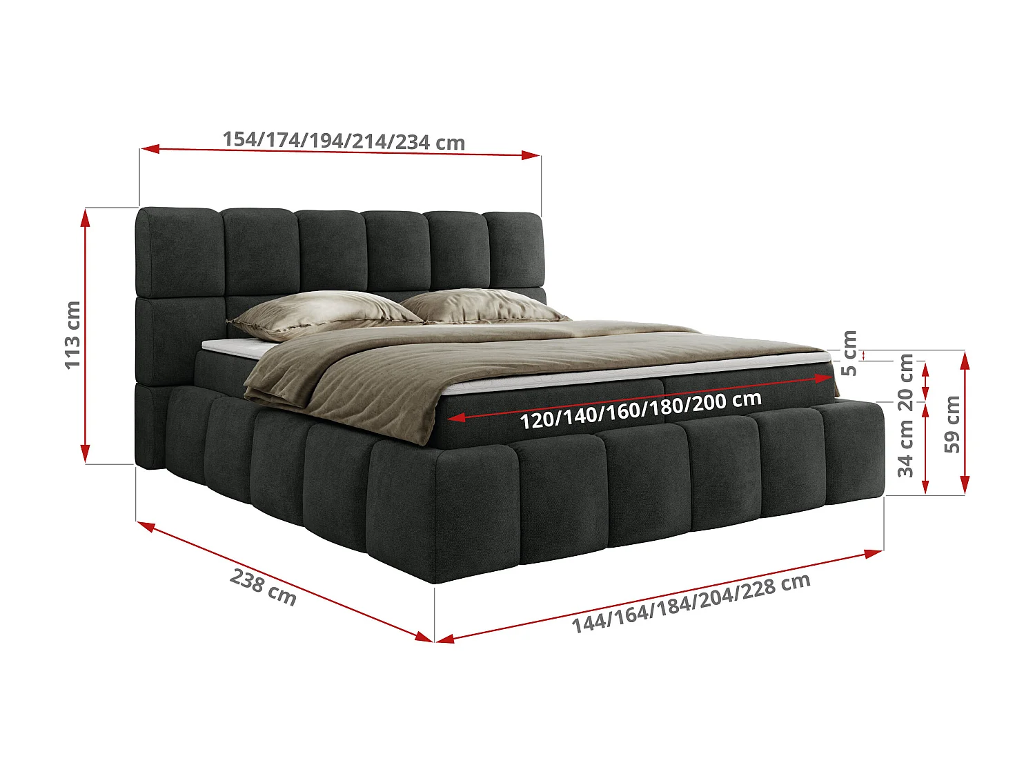 Boxspringbett NIRA - dekorativ kopfteil, Bettkästen und Multipocket-Matratze, Doppelbett für Schlafzimmer - 180x200 cm - H3 - Dunkelgrau Strukture
