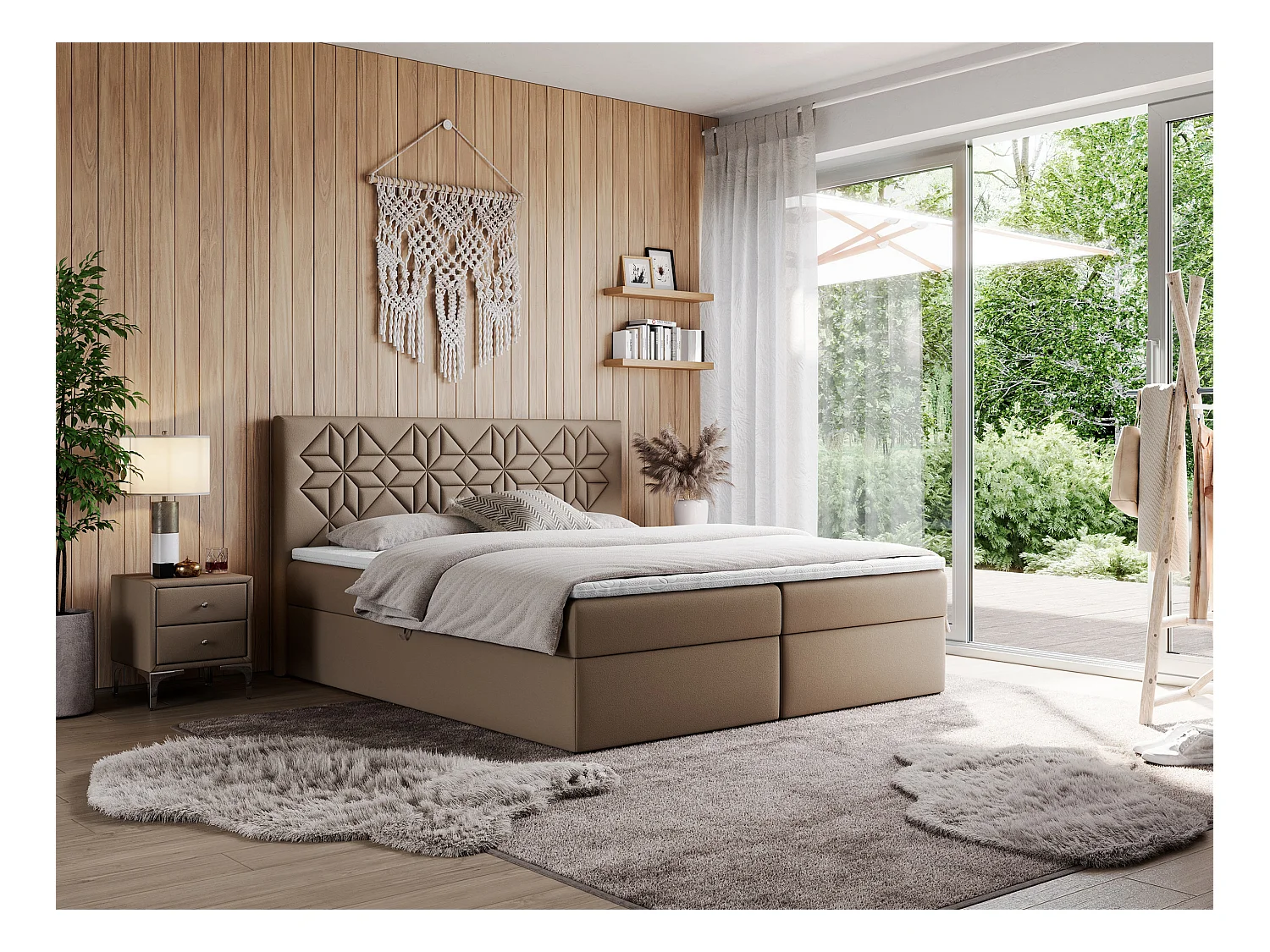 Boxspringbett LEILA - gestepptes Kopfteil,  7 Härtezonen Multipocket-Matratzen, Doppelbett mit Bettkästen - 180x200 cm - H3 - Braun Kunstleder