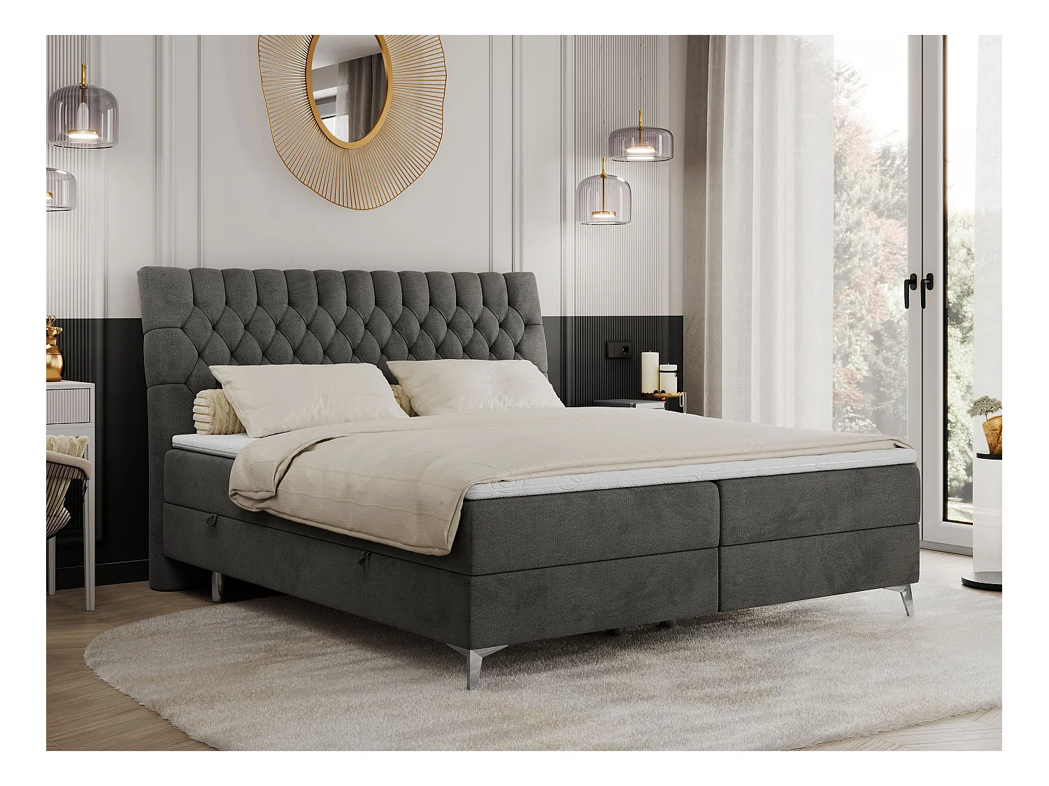 Boxspringbett MILEN - gepolstertes Schlafzimmerbett, zwei Multipocket-Matratze, dekorative hohe Beine - 200x200 cm - H3 - Dunkelgrau Velvet