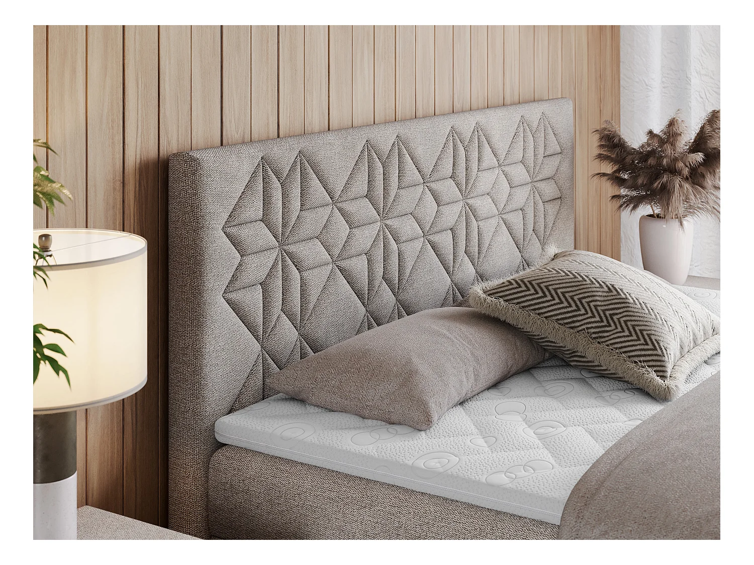 Boxspringbett LEILA - gestepptes Kopfteil,  7 Härtezonen Multipocket-Matratzen, Doppelbett mit Bettkästen - 120x200 cm - H4 - Beige Strukture