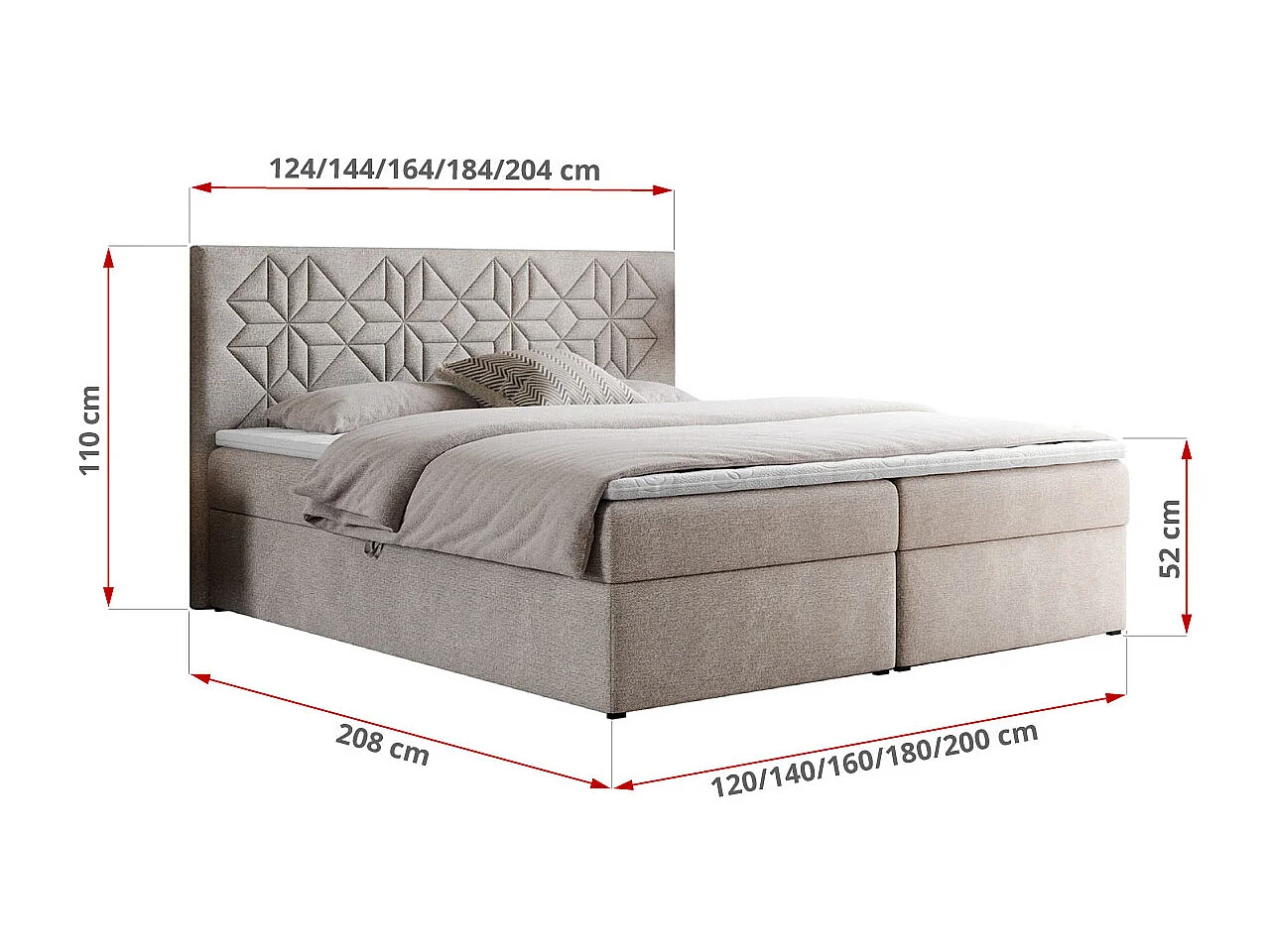 Boxspringbett LEILA - gestepptes Kopfteil,  7 Härtezonen Multipocket-Matratzen, Doppelbett mit Bettkästen - 120x200 cm - H4 - Beige Strukture