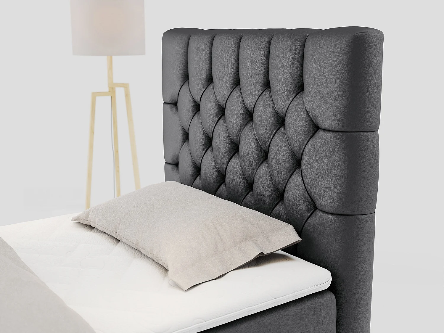 Boxspringbett PERA - Einzelbett mit Kopfstütze, Polsterbett, Multipocket-Matratze, genähtes Kopfteil - 90x200 cm - H4 - Dunkelgrau Kunstleder - Rechts Seite