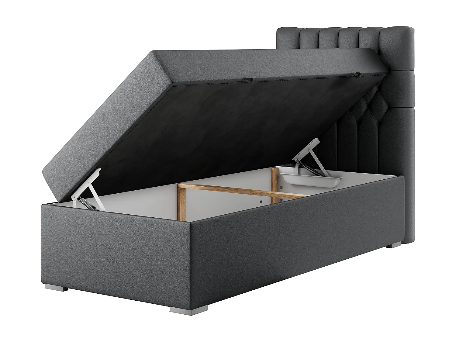 Boxspringbett PERA - Einzelbett mit Kopfstütze, Polsterbett, Multipocket-Matratze, genähtes Kopfteil - 90x200 cm - H4 - Dunkelgrau Kunstleder - Rechts Seite