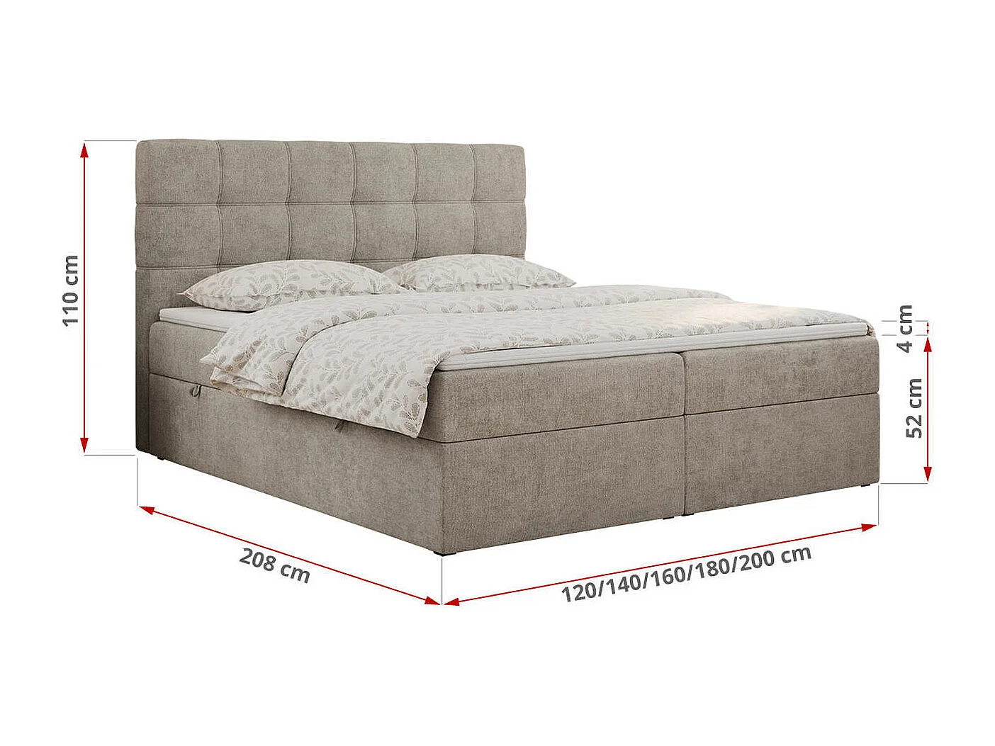 Boxspringbett ERNI - mit gestepptem Kopfteil, Polsterbett, Multipocket-Matratze und Topper, Bettkästen - 140x200 cm - H4 - Beige Stukture