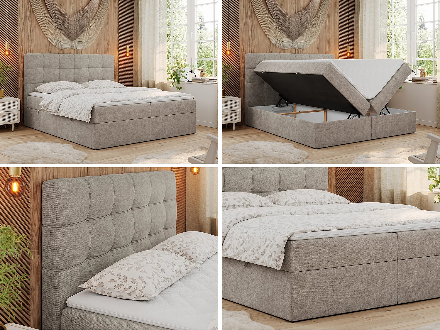 Lit boxspring - Dureté H4 + Topper T25 - Grège Tissu texturé - 140x200 - ERNI