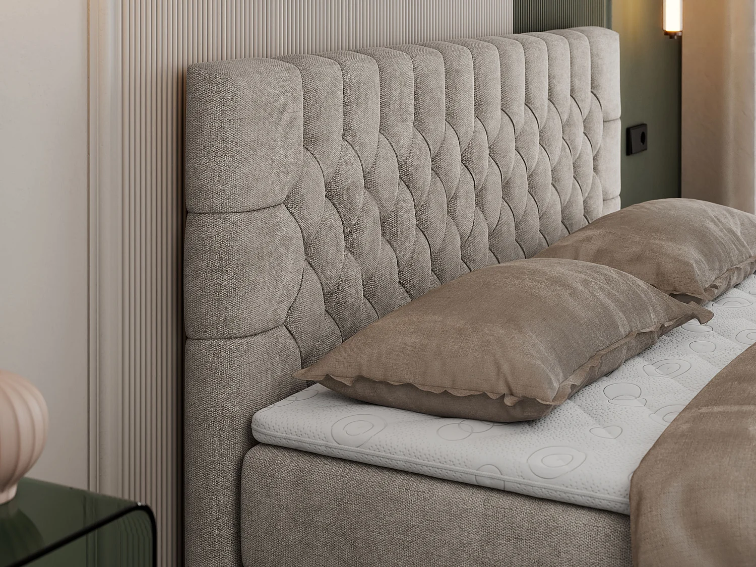 Boxspringbett PERA - gesteppte Kopfstütze, Multipocket-Matratze und Topper, Doppelbett mit Stauraum - 160x200 cm - H4 - Beige Strukture