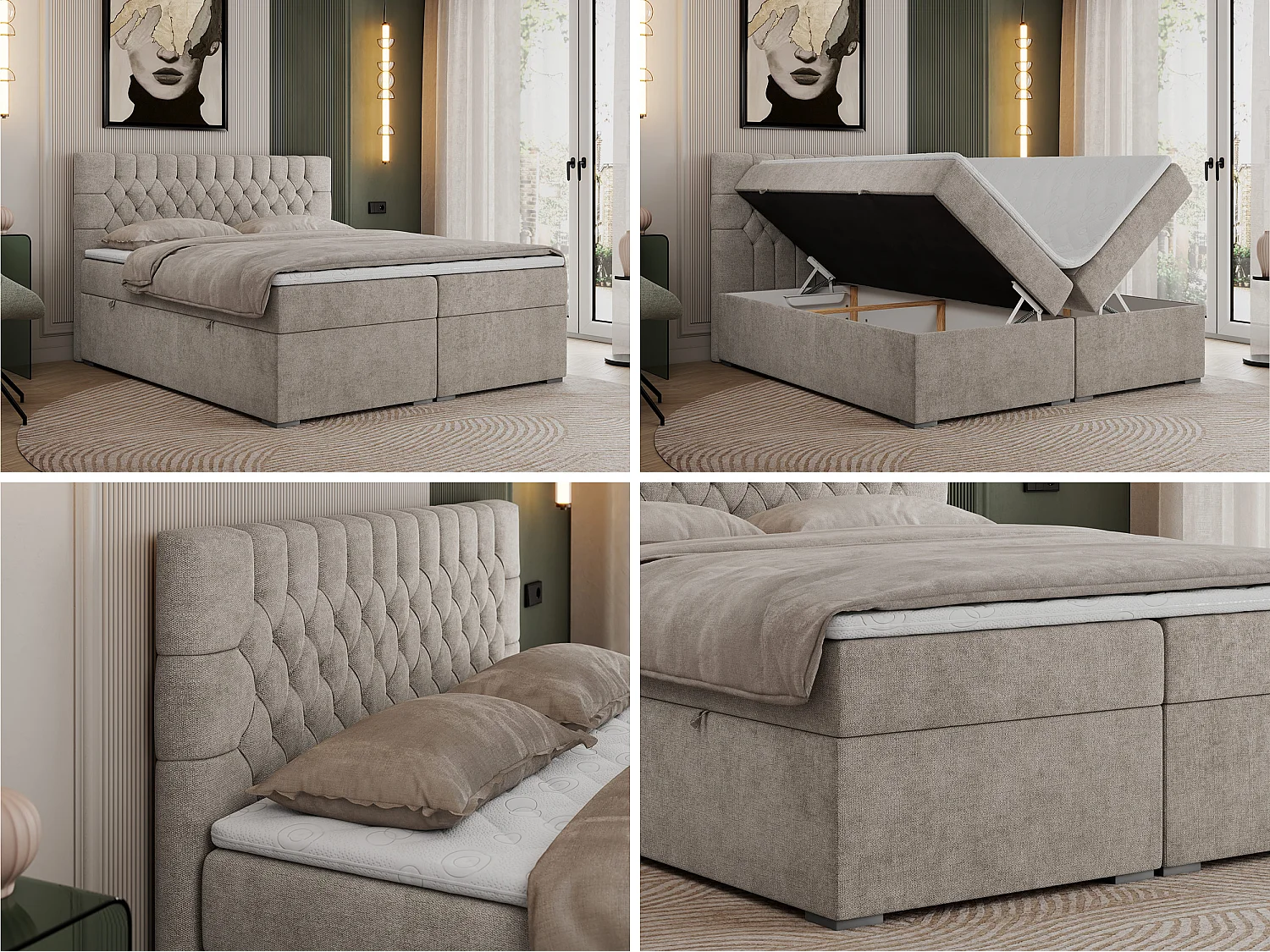 Boxspringbed met hoofdbord H4 + Topper T25 - Greige Structuurstof - 160x200 - PERA