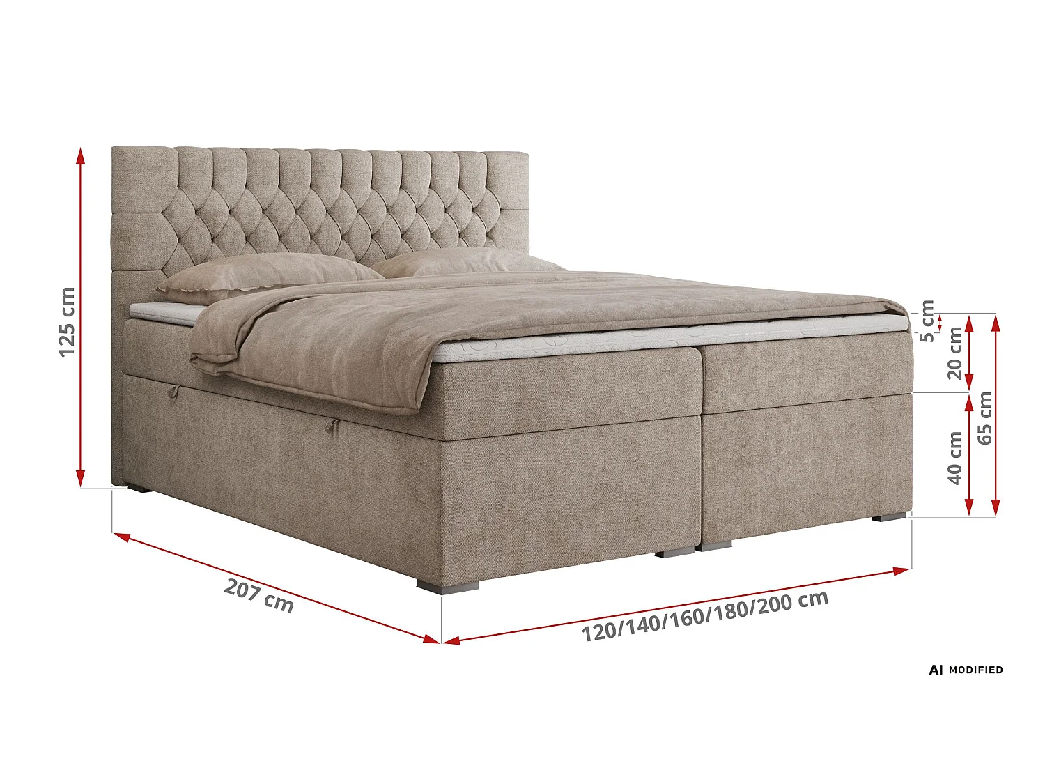 Boxspringbed met hoofdbord H4 + Topper T25 - Greige Structuurstof - 160x200 - PERA