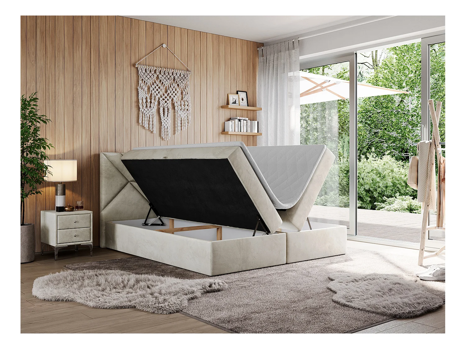 Boxspringbett NEOMI - dekorativem Kopfteil, Polsterbett mit Multipocket-Matratzen, zwei Bettkästen - 140x200 cm - H3 - Hellgrau Strukture