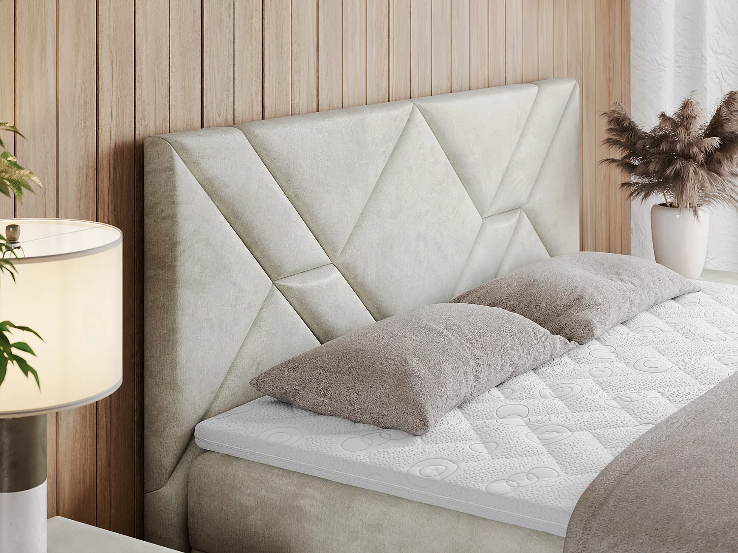 Boxspringbett NEOMI - dekorativem Kopfteil, Polsterbett mit Multipocket-Matratzen, zwei Bettkästen - 140x200 cm - H3 - Hellgrau Strukture