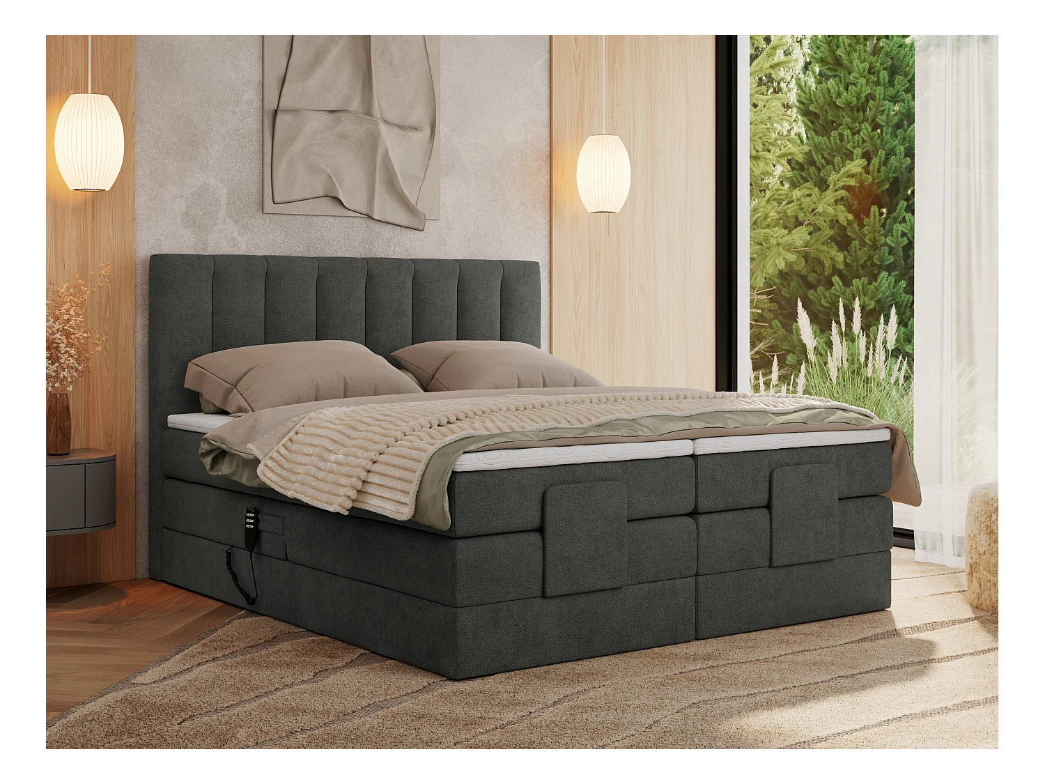 Boxspringbett COMFORTO - Doppelbett, Elektrisch verstellbare, Multipocket-Matratzen und Topper, genähtes Kopfteil - 160x200 cm - H3 - Dunkelgrau Strukture