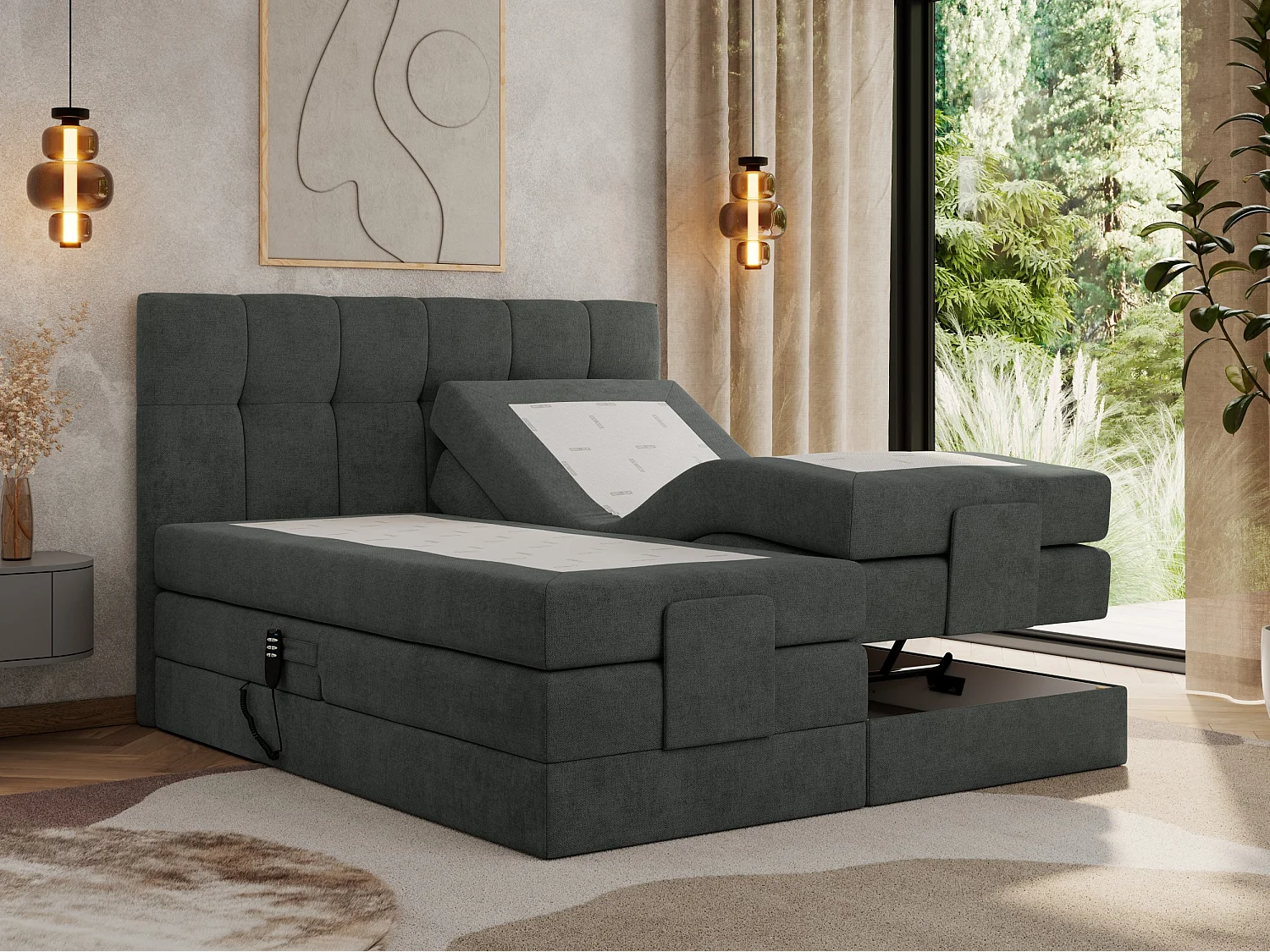 Boxspringbett VITTORIA - mit gestepptem Kopfteil, elektrischem Untergestell, Multipocket-Matratze - 180x200 cm - H3 - Dunkelgrau Strukture