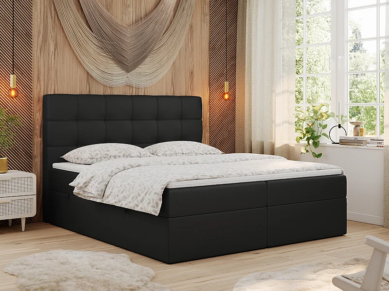 Boxspringbett ERNI - mit gestepptem Kopfteil, Polsterbett, Multipocket-Matratze und Topper, Bettkästen - 200x200 cm - H4 - Schwarz Kunstleder