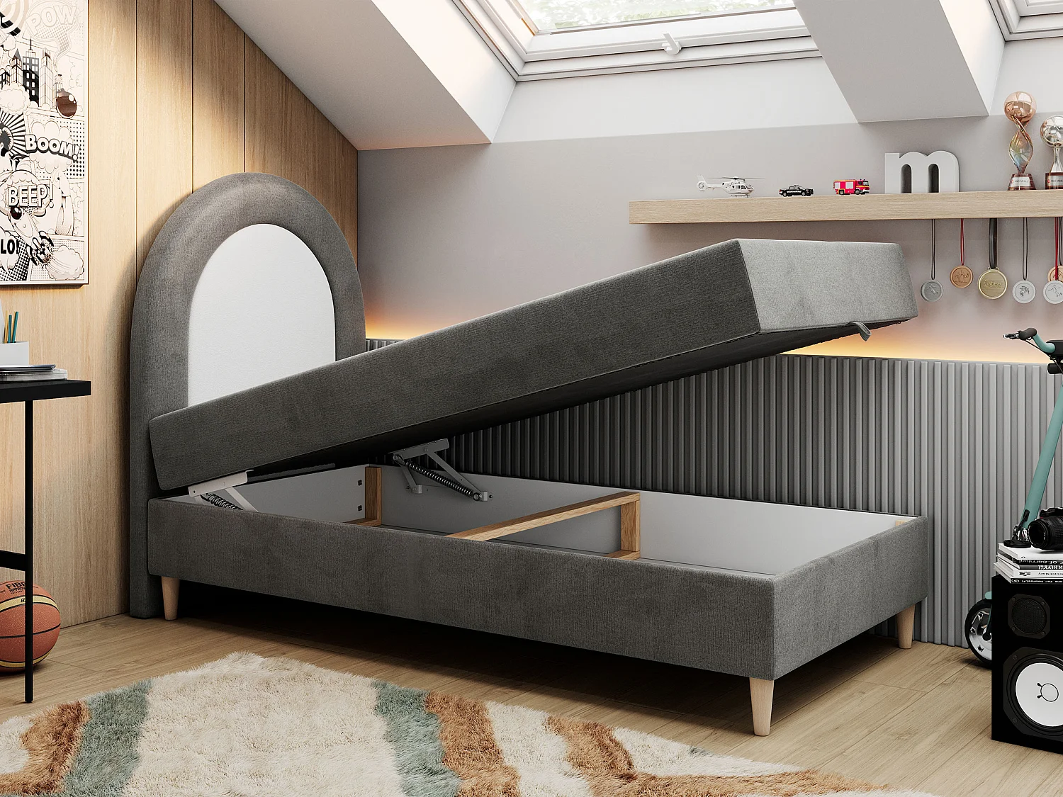 Kinderbett NEST - Boxspringbett für Kinder, mit hohem Kopfteil, Einzelbett mit Stauraum und Matratze - 90x180 cm - Dunkelgrau Velvet