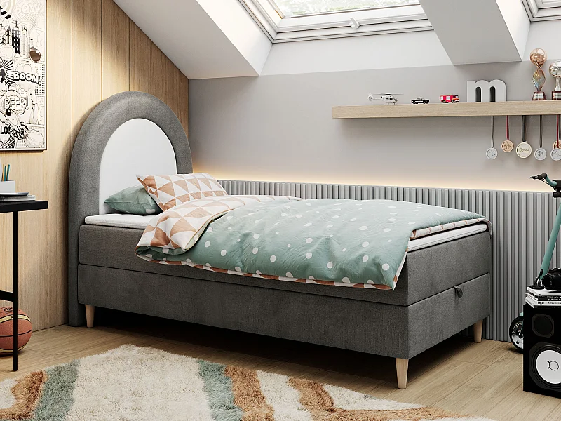 Kinderbett NEST - Boxspringbett für Kinder, mit hohem Kopfteil, Einzelbett mit Stauraum und Matratze - 90x180 cm - Dunkelgrau Velvet