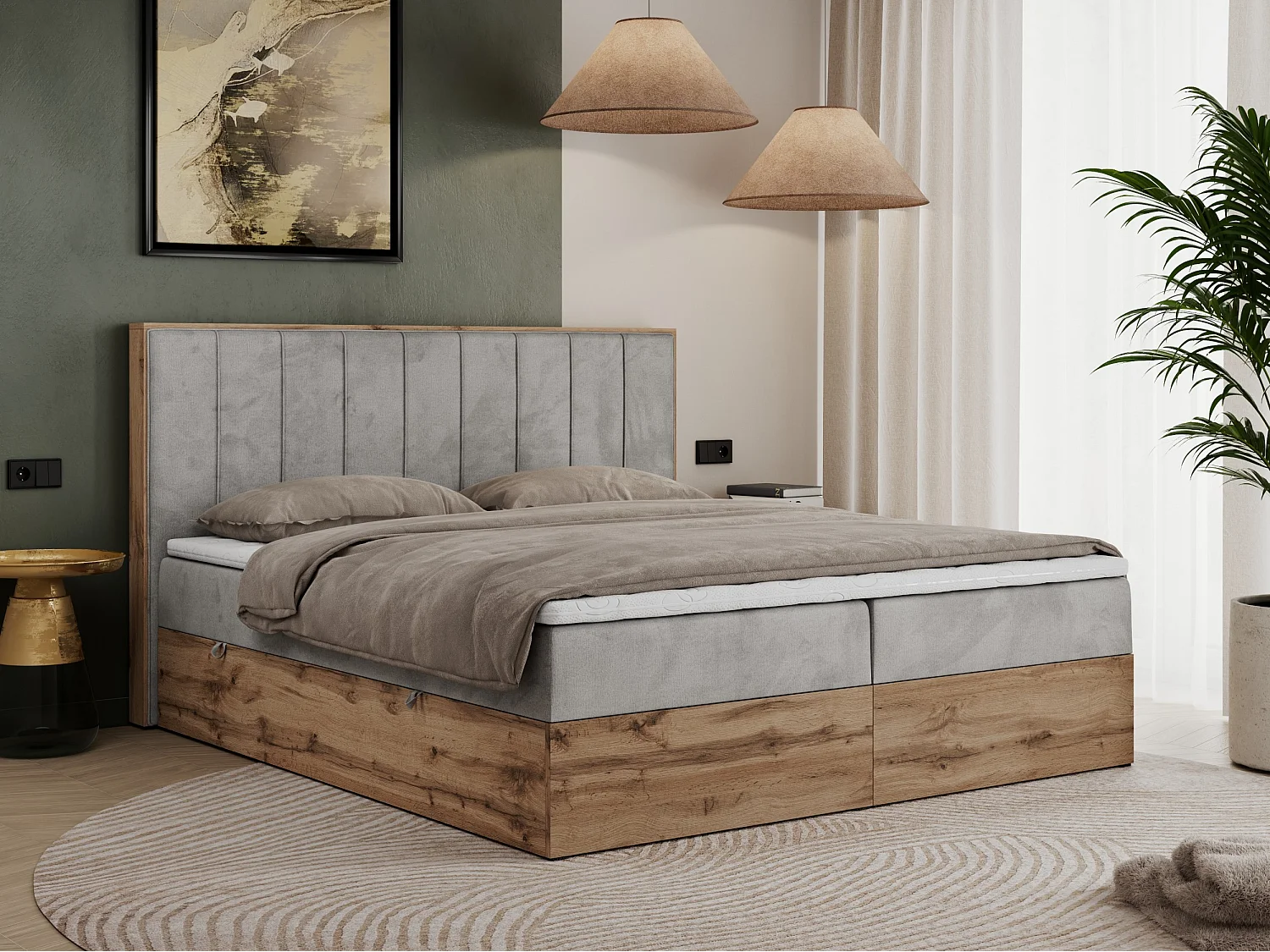 Boxspringbett BELLISSIMO - mit gestepptem Kopfteil, Polsterbett mit zwei Bettkästen, Multipocket-Matratze - 140x200 cm - H4 - Hellgrau Velvet