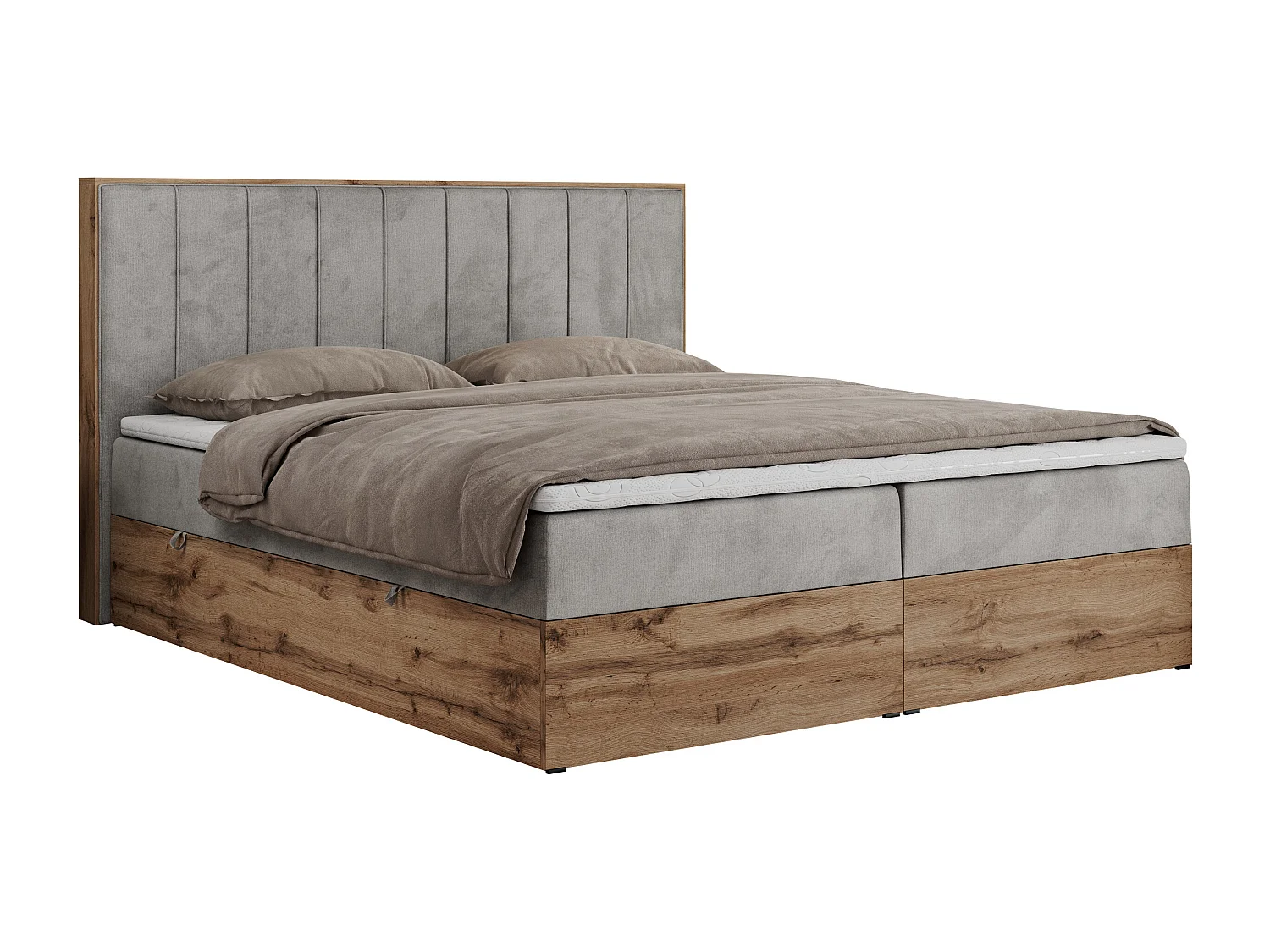 Boxspringbett BELLISSIMO - mit gestepptem Kopfteil, Polsterbett mit zwei Bettkästen, Multipocket-Matratze - 140x200 cm - H4 - Hellgrau Velvet