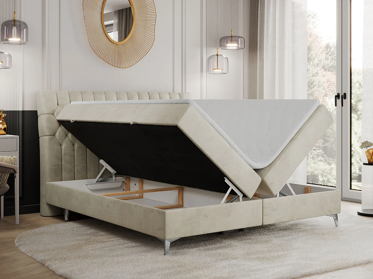 Boxspringbett MILEN - gepolstertes Schlafzimmerbett, zwei Multipocket-Matratze, dekorative hohe Beine - 140x200 cm - H4 - Beige Velvet