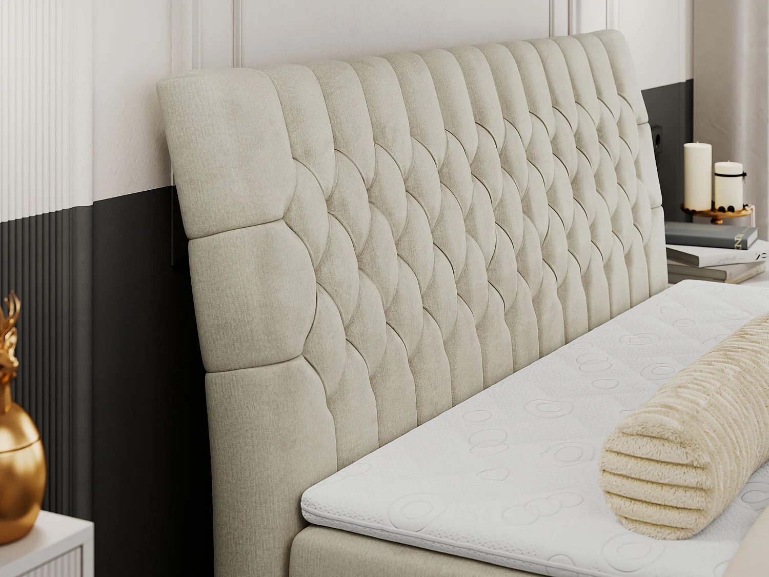 Boxspringbett MILEN - gepolstertes Schlafzimmerbett, zwei Multipocket-Matratze, dekorative hohe Beine - 140x200 cm - H4 - Beige Velvet