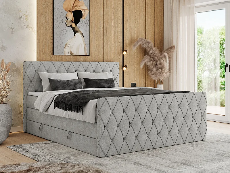Boxspringbett MIREN KING DUO - für Schlafzimmer mit zwei Multipocket-Matratzen und Topper, gestepptes Kopfteil und Front  - 160x200 cm - H4 - Hellgrau Strukture