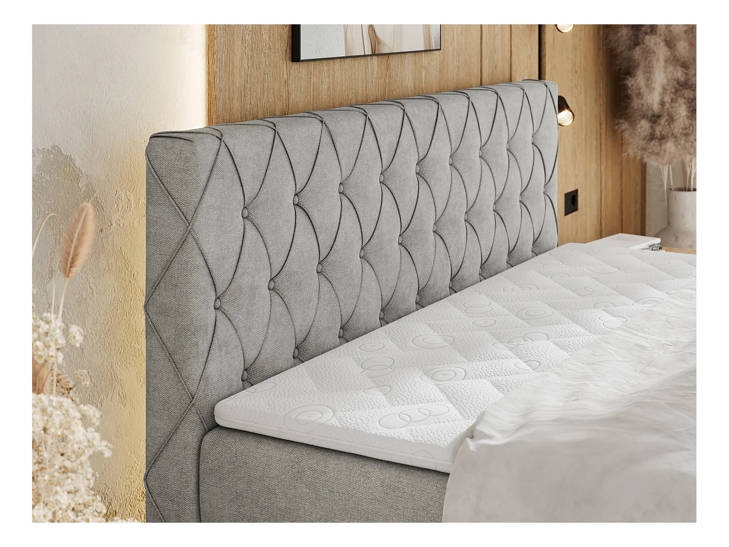 Boxspringbett MIREN KING DUO - für Schlafzimmer mit zwei Multipocket-Matratzen und Topper, gestepptes Kopfteil und Front  - 160x200 cm - H4 - Hellgrau Strukture