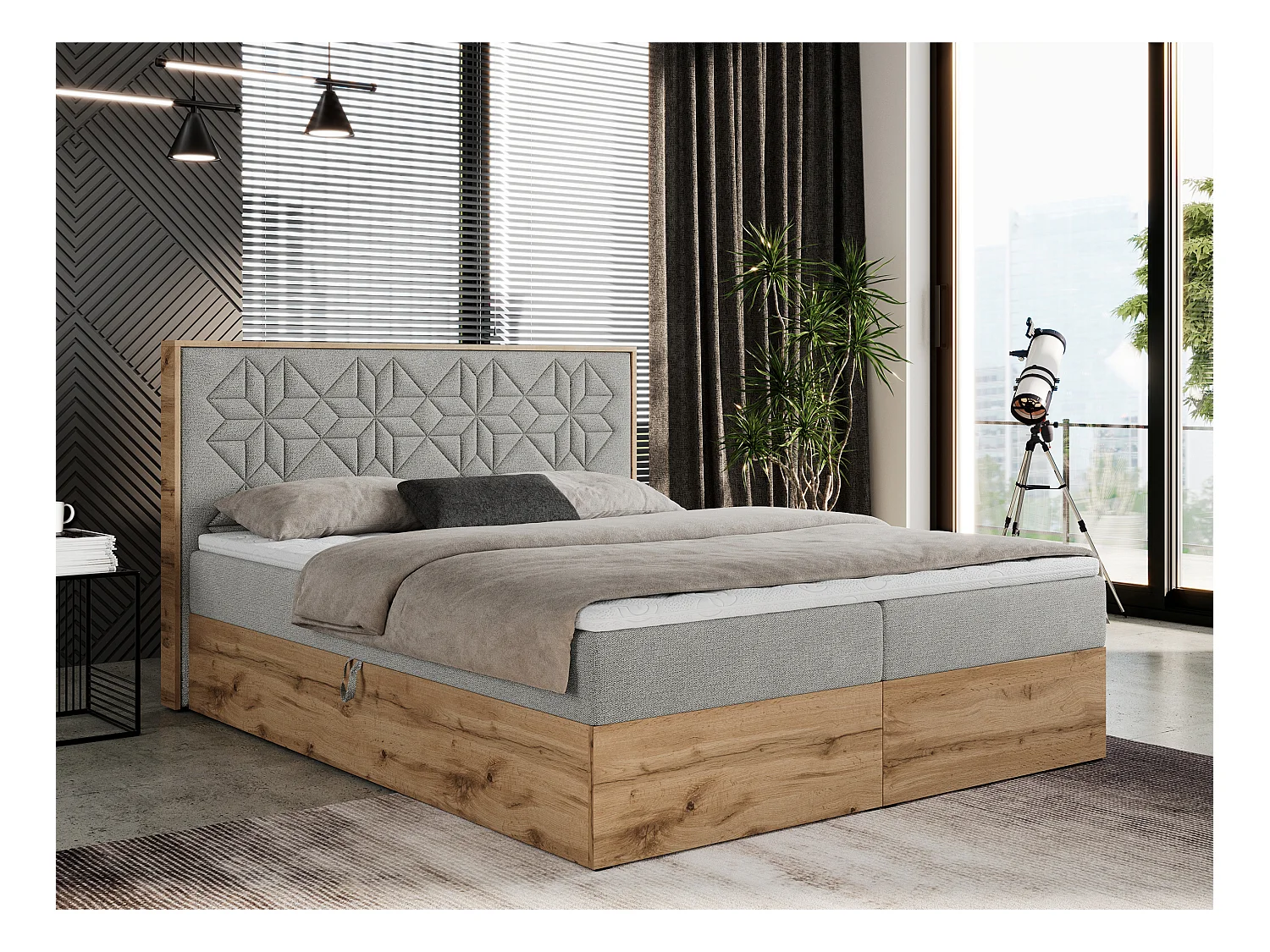 Boxspringbett NESSI - mit hoher Kopfstütze, Multipocket-Matratze und Topper, Doppelbett mit Bettkästen - 140x200 cm - H3 - Hellgrau Strukture