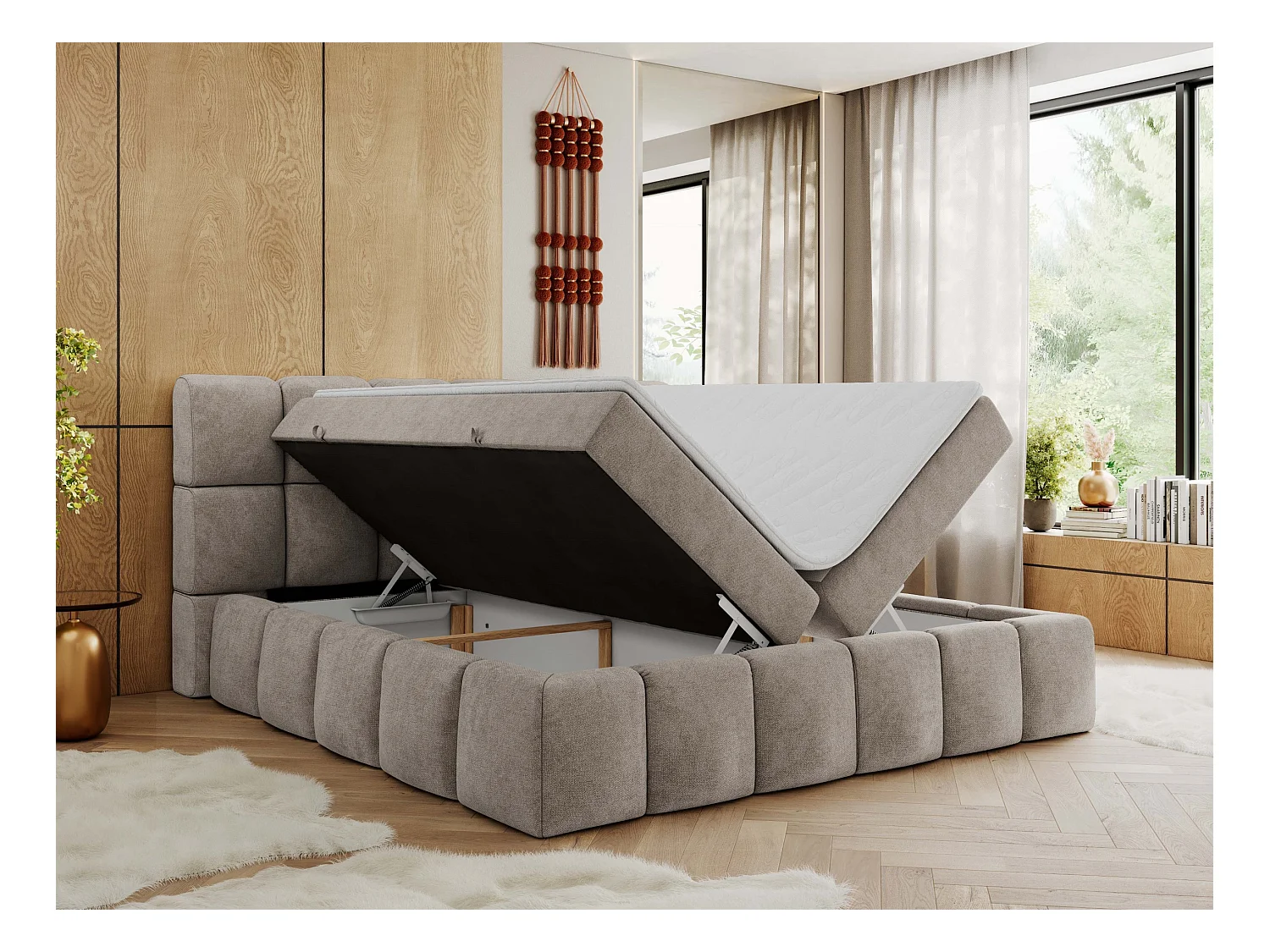 Boxspringbett NIRA - dekorativ kopfteil, Bettkästen und Multipocket-Matratze, Doppelbett für Schlafzimmer - 180x200 cm - H4 - Beige Strukture