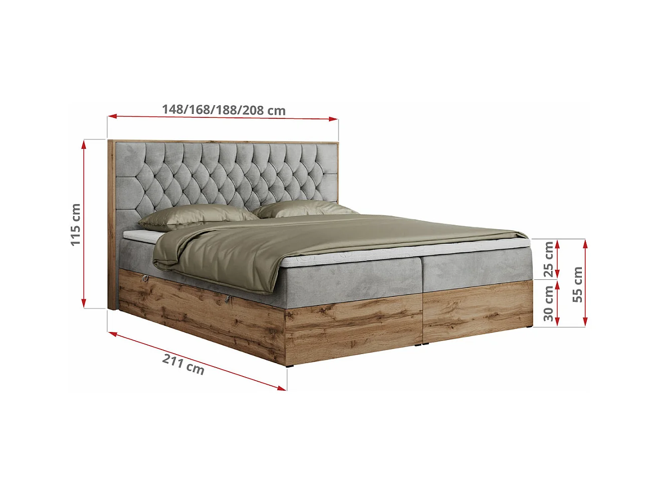 Boxspringbett AMORE - Bett mit Multipocket-Matratze, gesteppte Kopfstütze, Doppelbett für Schlafzimmer - 180x200 cm - H4 - Hellgrau Velvet