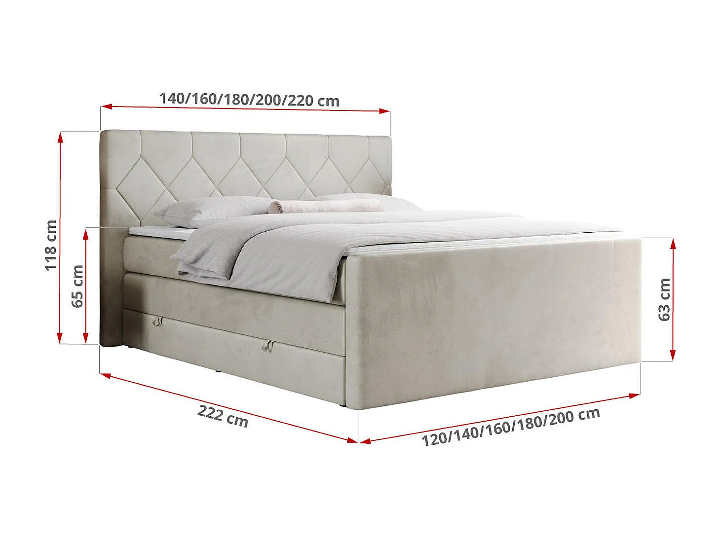 Boxspringbett EIGAR KING - Doppelbett mit genähtem Kopfteil, zwei Multipocket-Matratzen, Polsterbett für Schlafzimmer - 180x200 cm - H3 - Beige Velvet