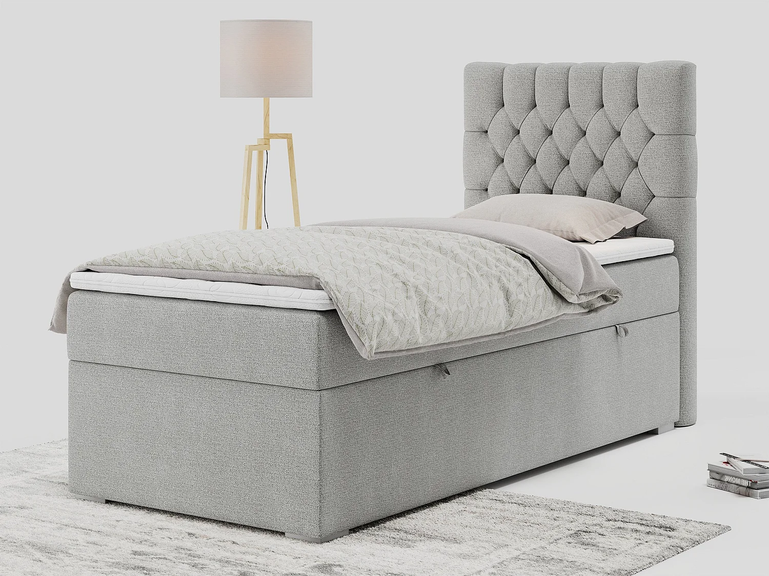 Boxspringbett PERA - Einzelbett mit Kopfstütze, Polsterbett, Multipocket-Matratze, genähtes Kopfteil - 90x200 cm - H4 - Hellgrau Strukture - Rechts Seite