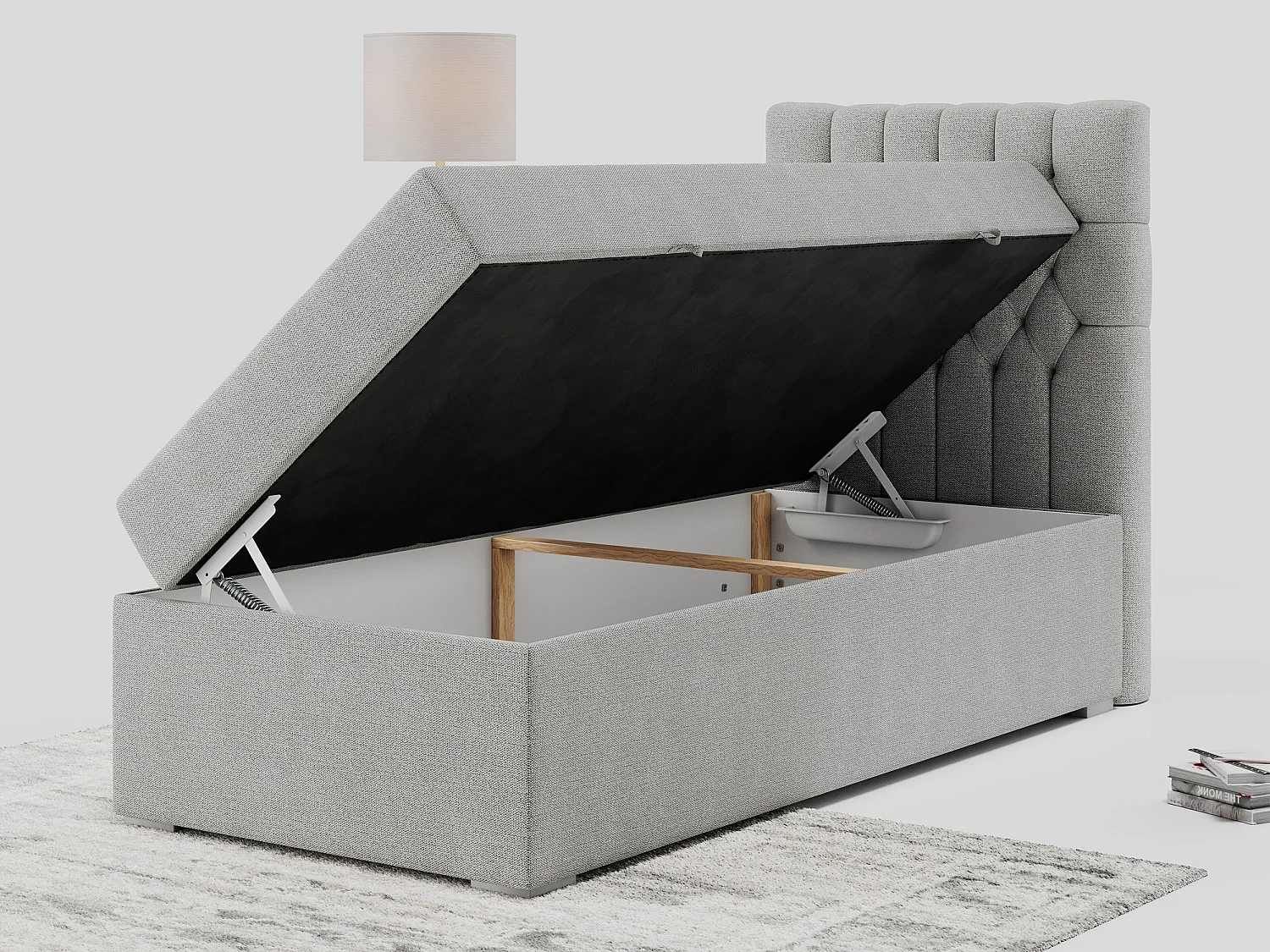 Boxspringbett PERA - Einzelbett mit Kopfstütze, Polsterbett, Multipocket-Matratze, genähtes Kopfteil - 90x200 cm - H4 - Hellgrau Strukture - Rechts Seite