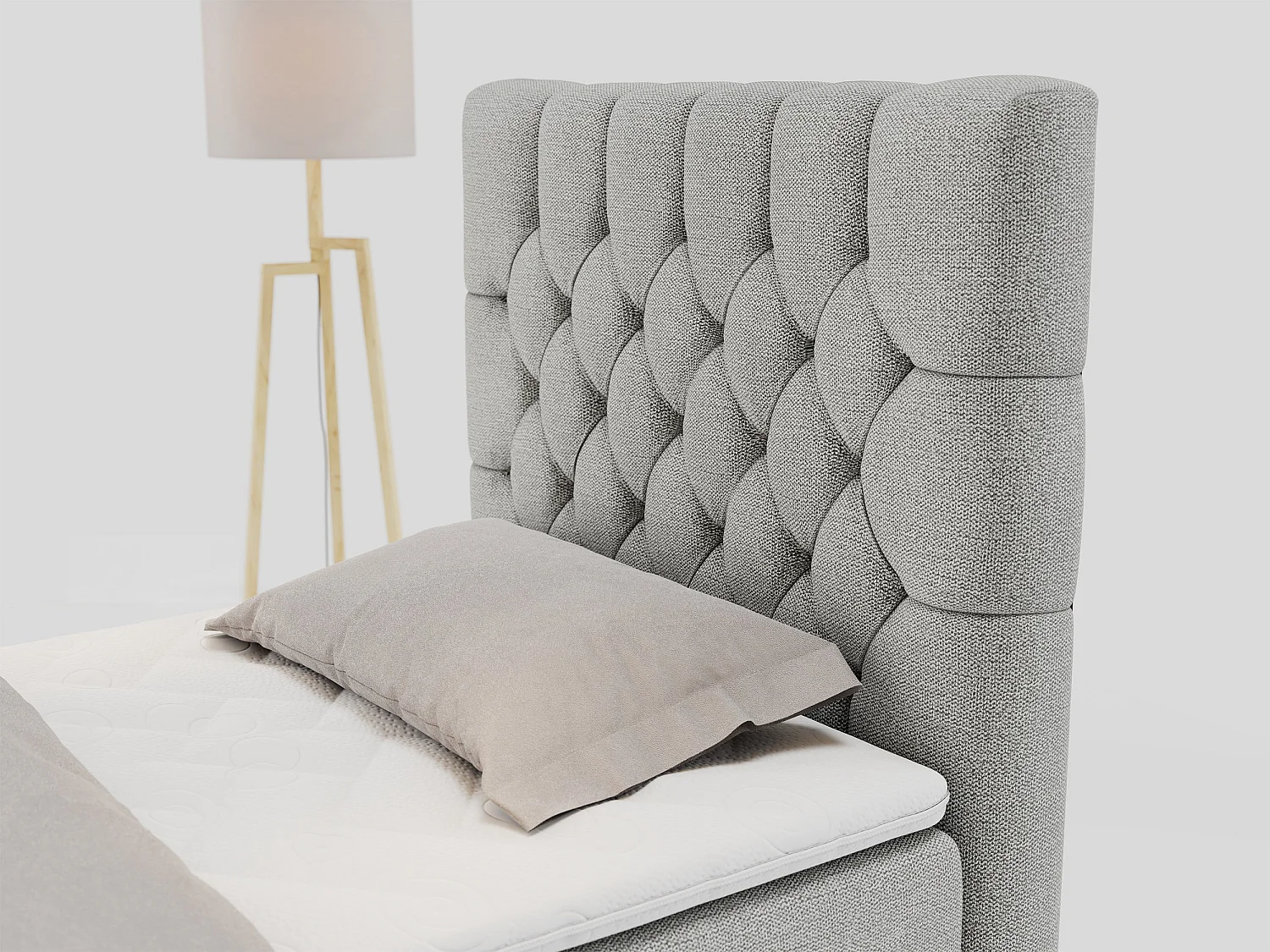 Boxspringbett PERA - Einzelbett mit Kopfstütze, Polsterbett, Multipocket-Matratze, genähtes Kopfteil - 90x200 cm - H4 - Hellgrau Strukture - Rechts Seite