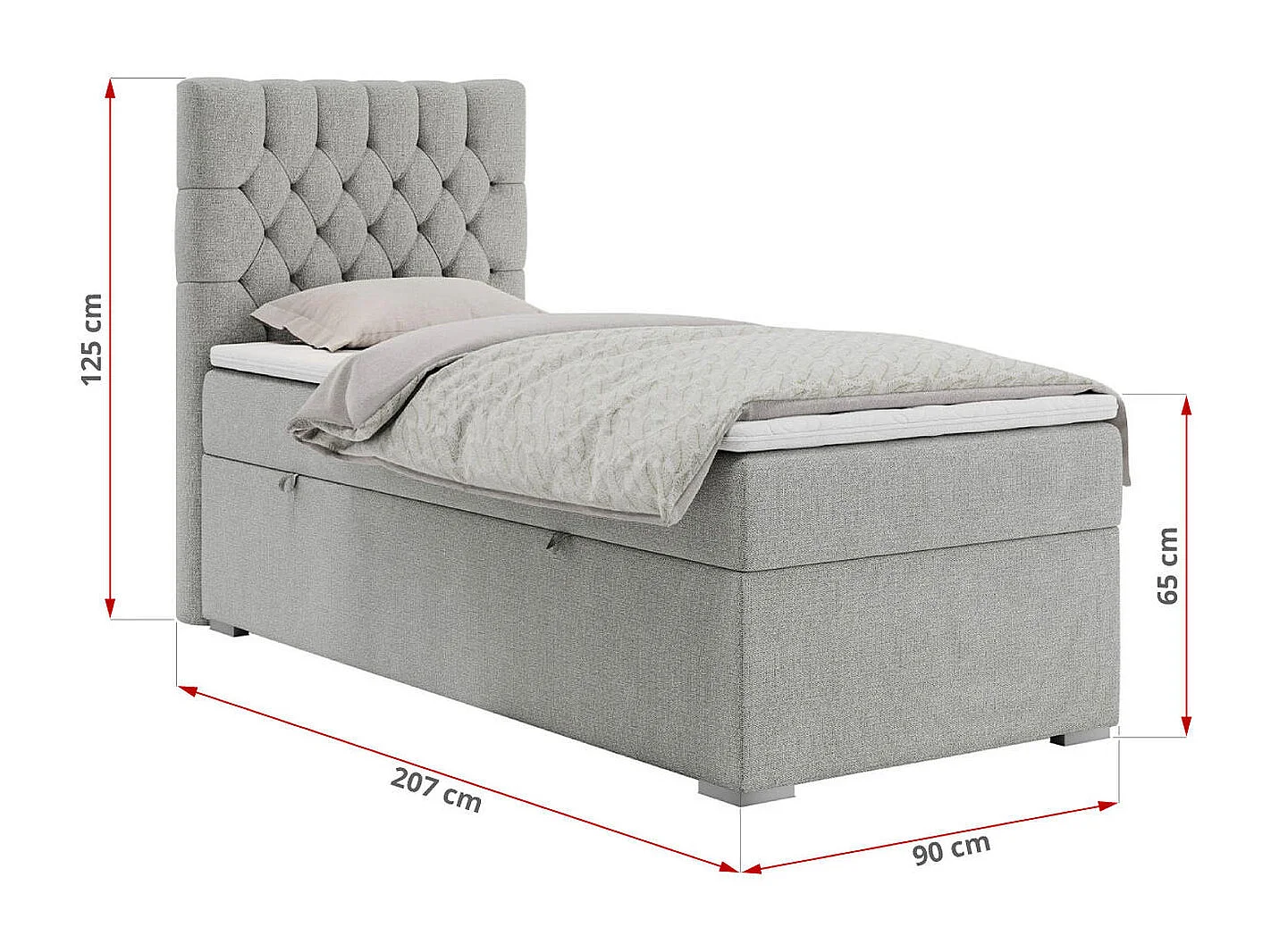 Boxspringbett PERA - Einzelbett mit Kopfstütze, Polsterbett, Multipocket-Matratze, genähtes Kopfteil - 90x200 cm - H4 - Hellgrau Strukture - Rechts Seite