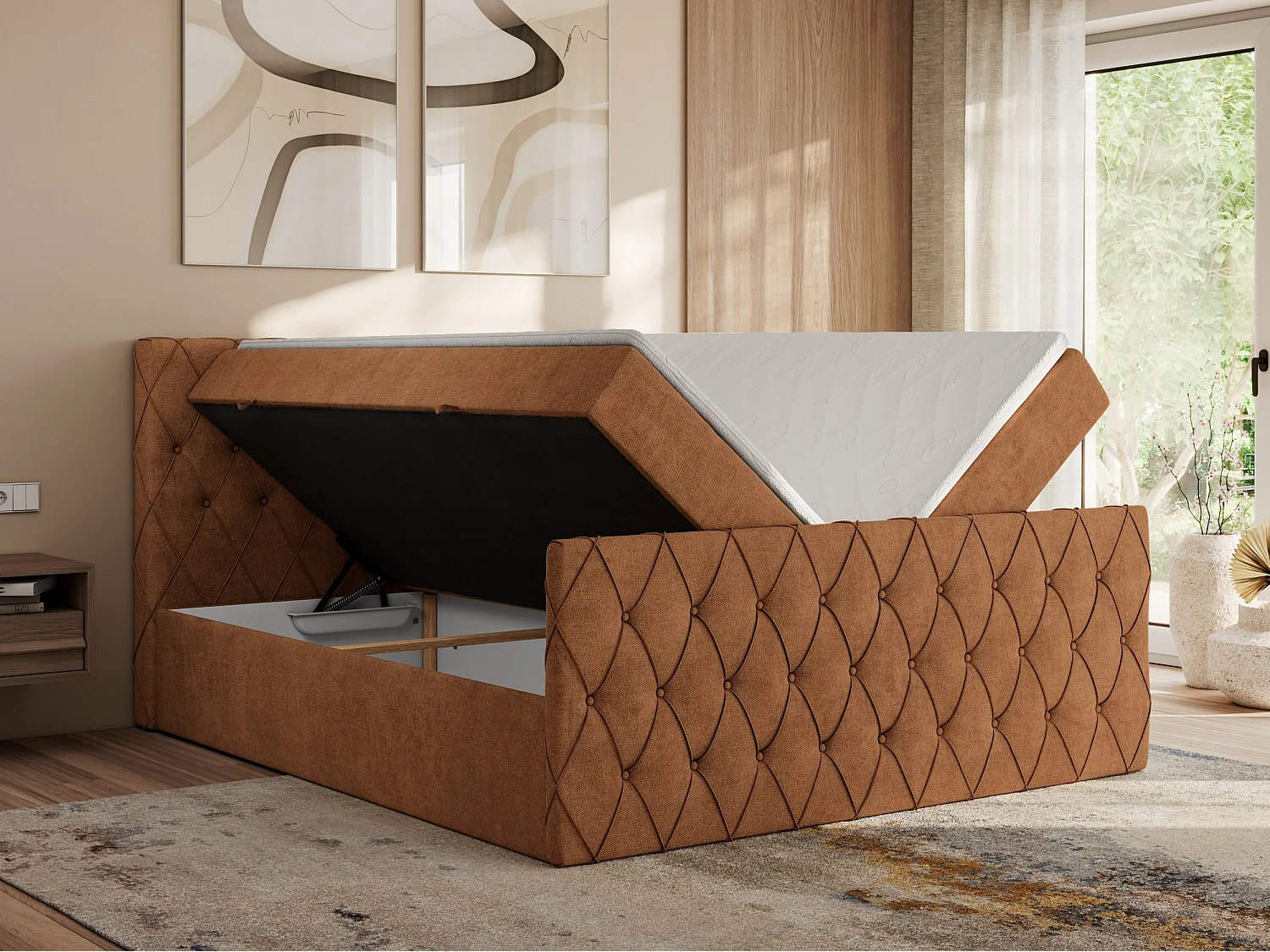 Boxspringbett MIREN DUO - mit gestepptem Kopfteil und Front, Multipocket-Matratze, zwei Bettkästen - 120x200 cm - H4 - Orange Strukture