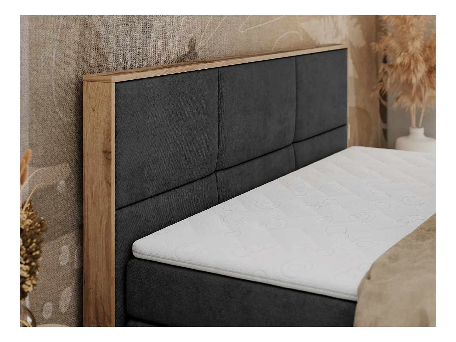 Boxspringbett ALBERO 2 KING DUO - Eiche Wotan Holzrahmen, zwei Multipocket-Matratzen, Bettkästen - 160x200 cm - H3 - Dunkelgrau Strukture