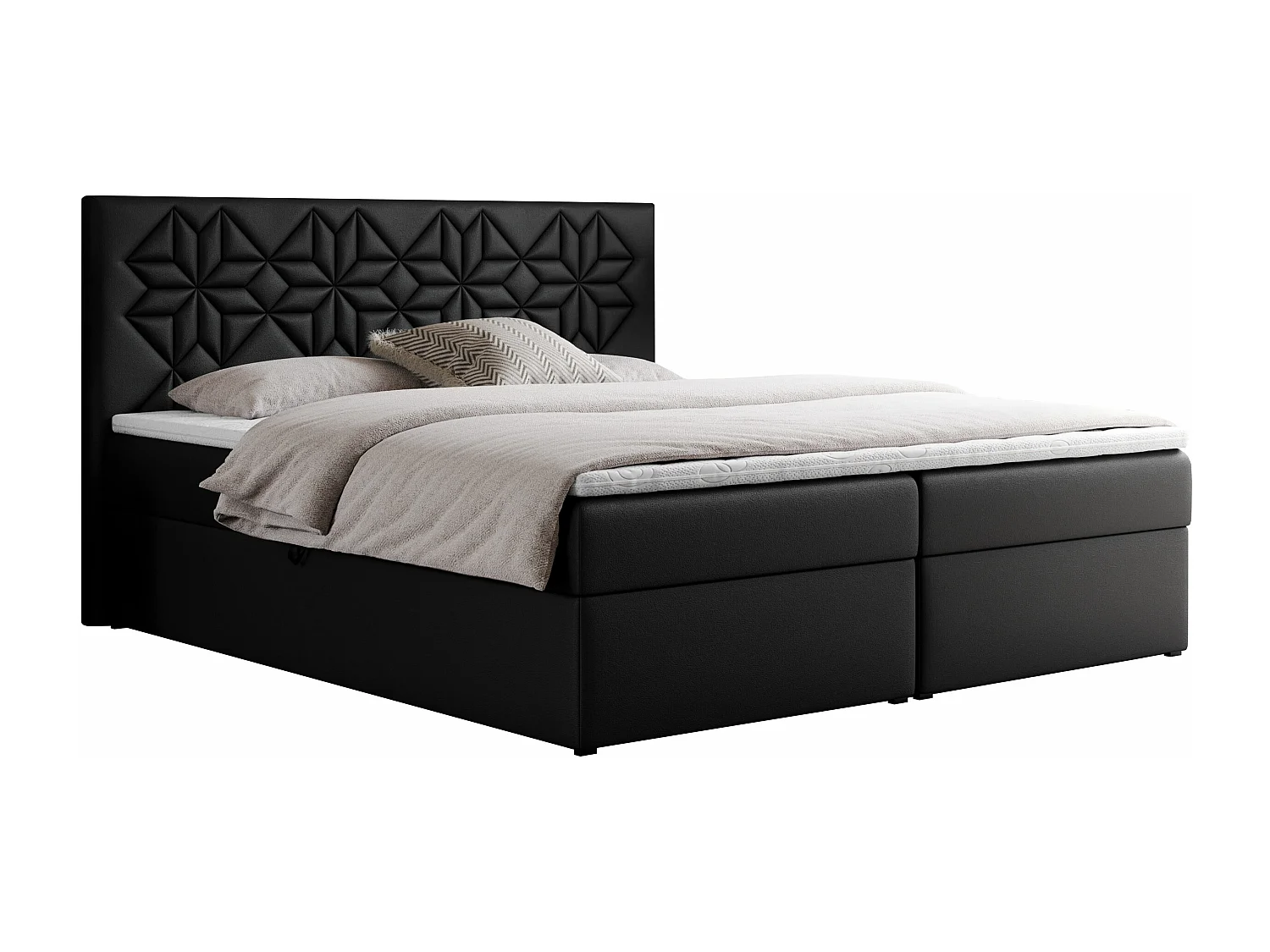 Boxspringbett LEILA - gestepptes Kopfteil,  7 Härtezonen Multipocket-Matratzen, Doppelbett mit Bettkästen - 200x200 cm - H4 - Schwarz Kunstleder