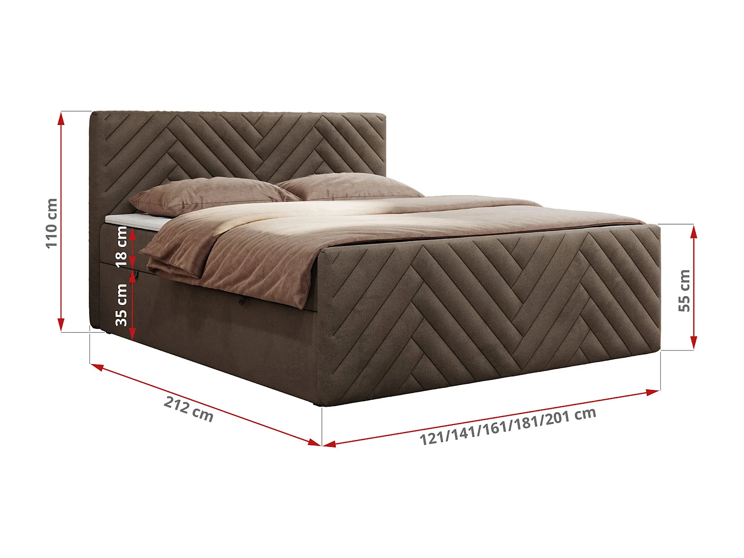 Boxspringbett PARIS DUO - Polsterbett mit genähtem Kopfteil und Frontplatte, Doppelbett, zwei Bettkästen - 200x200 cm - H4 - Braun Velvet